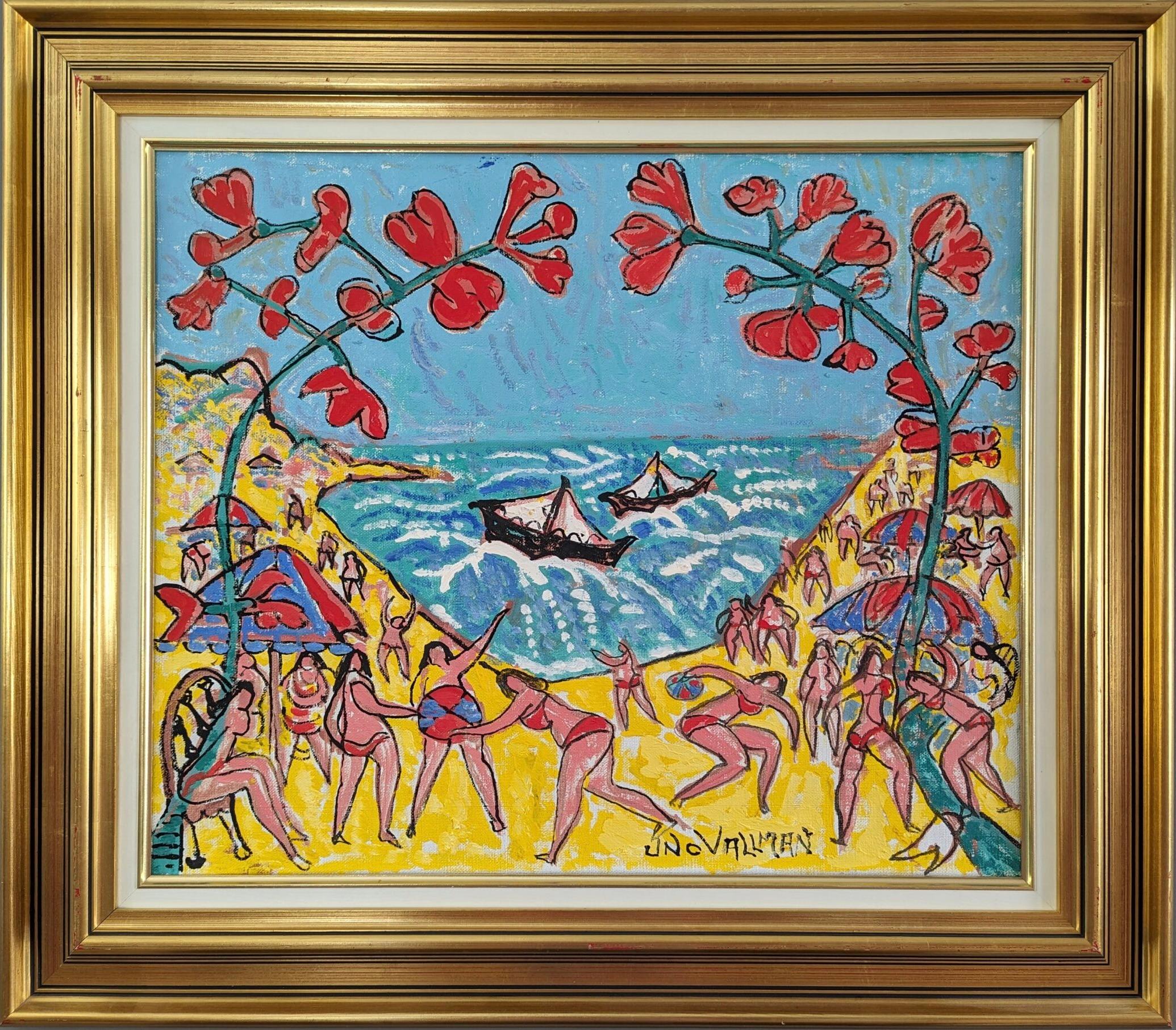 Pittura ad olio figurativa espressionista della metà del secolo scorso - Spiaggia estiva - Painting di Uno Vallman