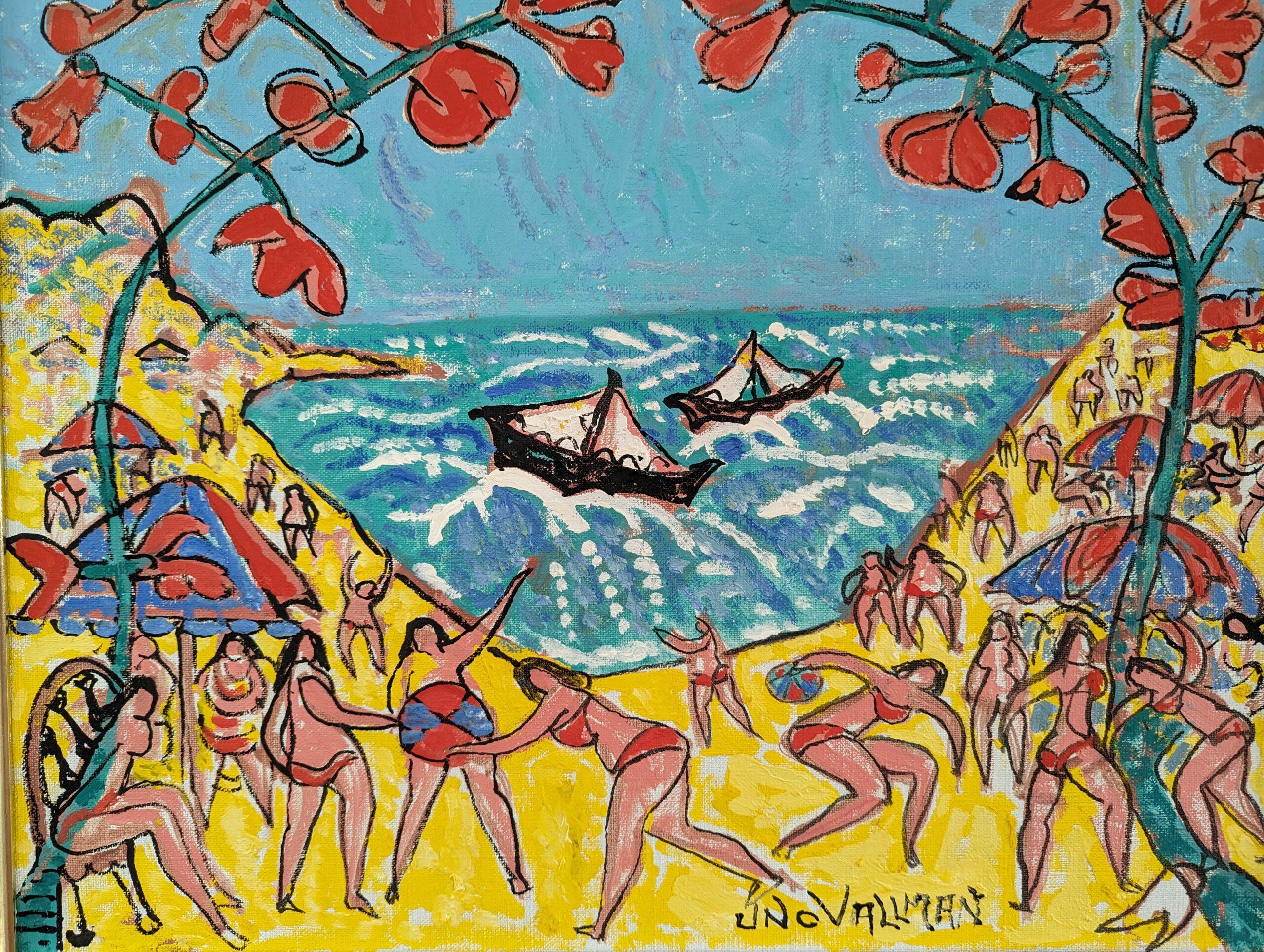 SPIAGGIA ESTIVA
Dimensioni: 65 x 74 cm (cornice inclusa)
Olio su tela

Una divertente e giocosa composizione ad olio della metà del secolo scorso, dipinta dall'artista svedese Uno Vallman (1913-2004) le cui opere sono presenti nel Museo Nazionale