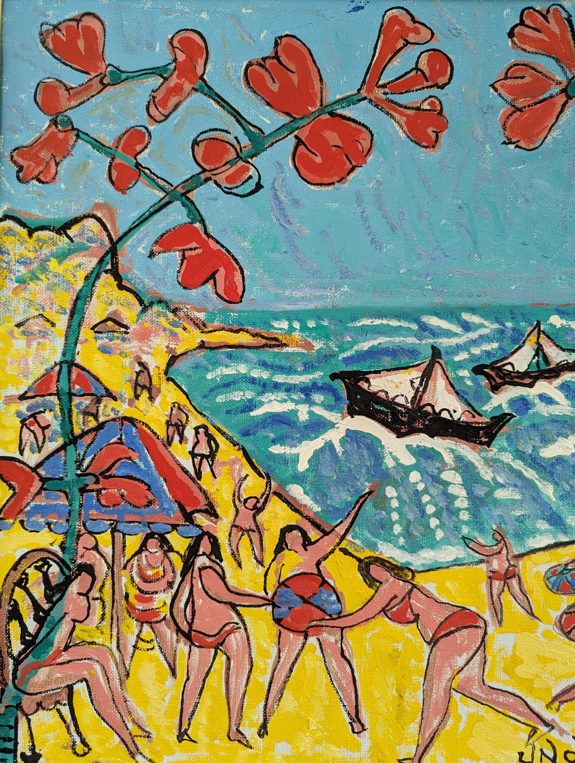 Pittura ad olio figurativa espressionista della metà del secolo scorso - Spiaggia estiva 1