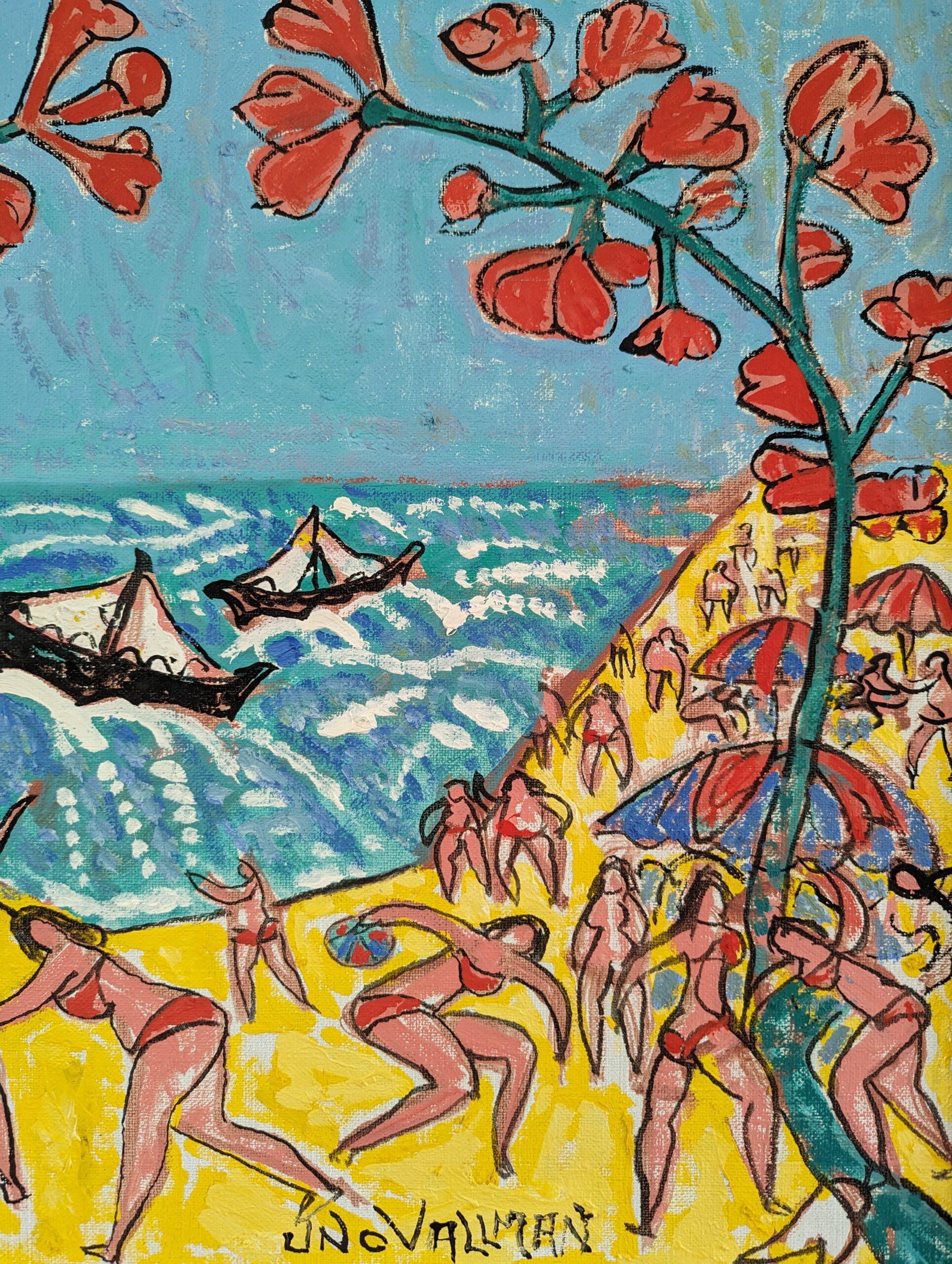 Pittura ad olio figurativa espressionista della metà del secolo scorso - Spiaggia estiva 2
