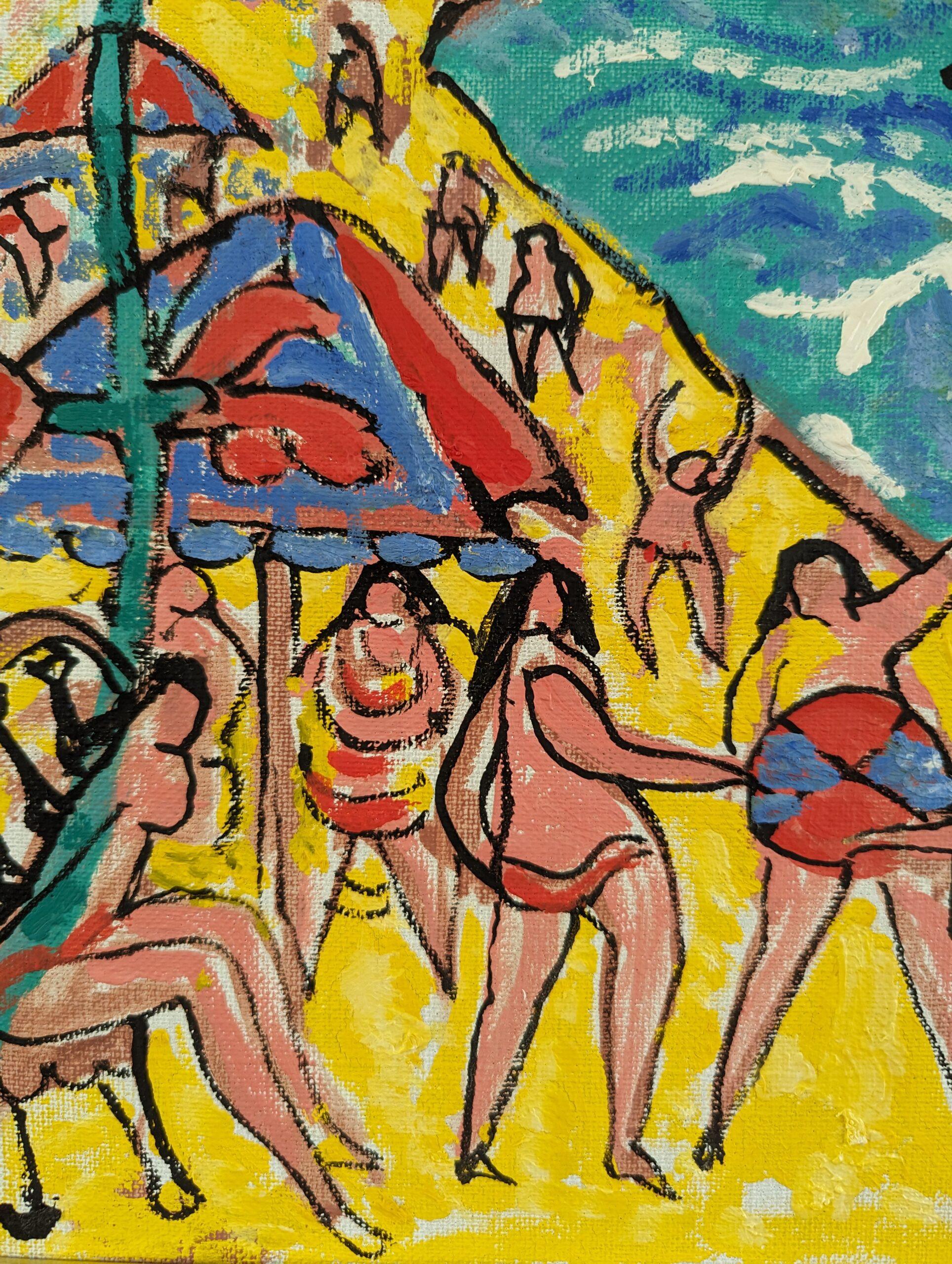 Pittura ad olio figurativa espressionista della metà del secolo scorso - Spiaggia estiva 3