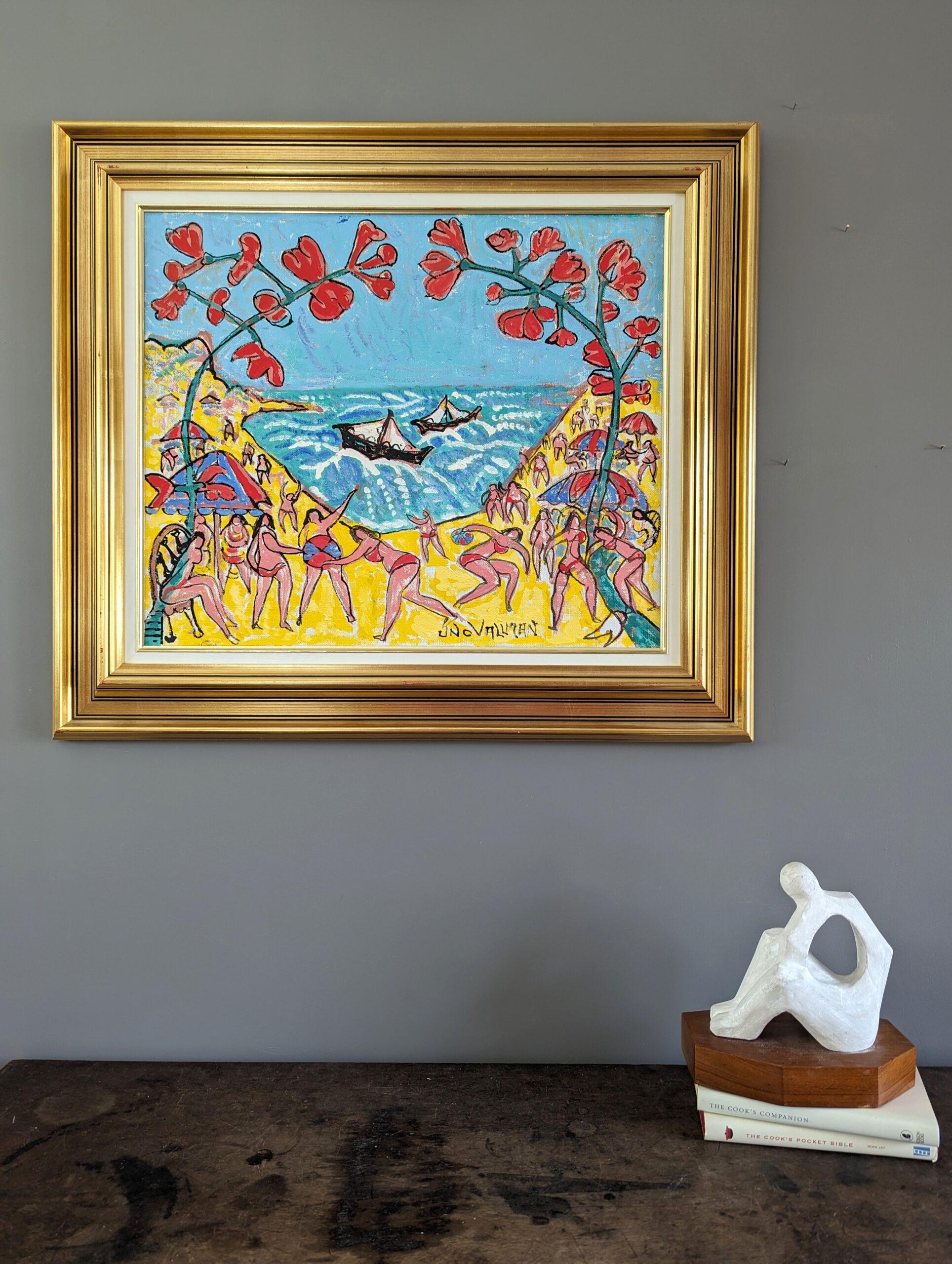 Pittura ad olio figurativa espressionista della metà del secolo scorso - Spiaggia estiva 5