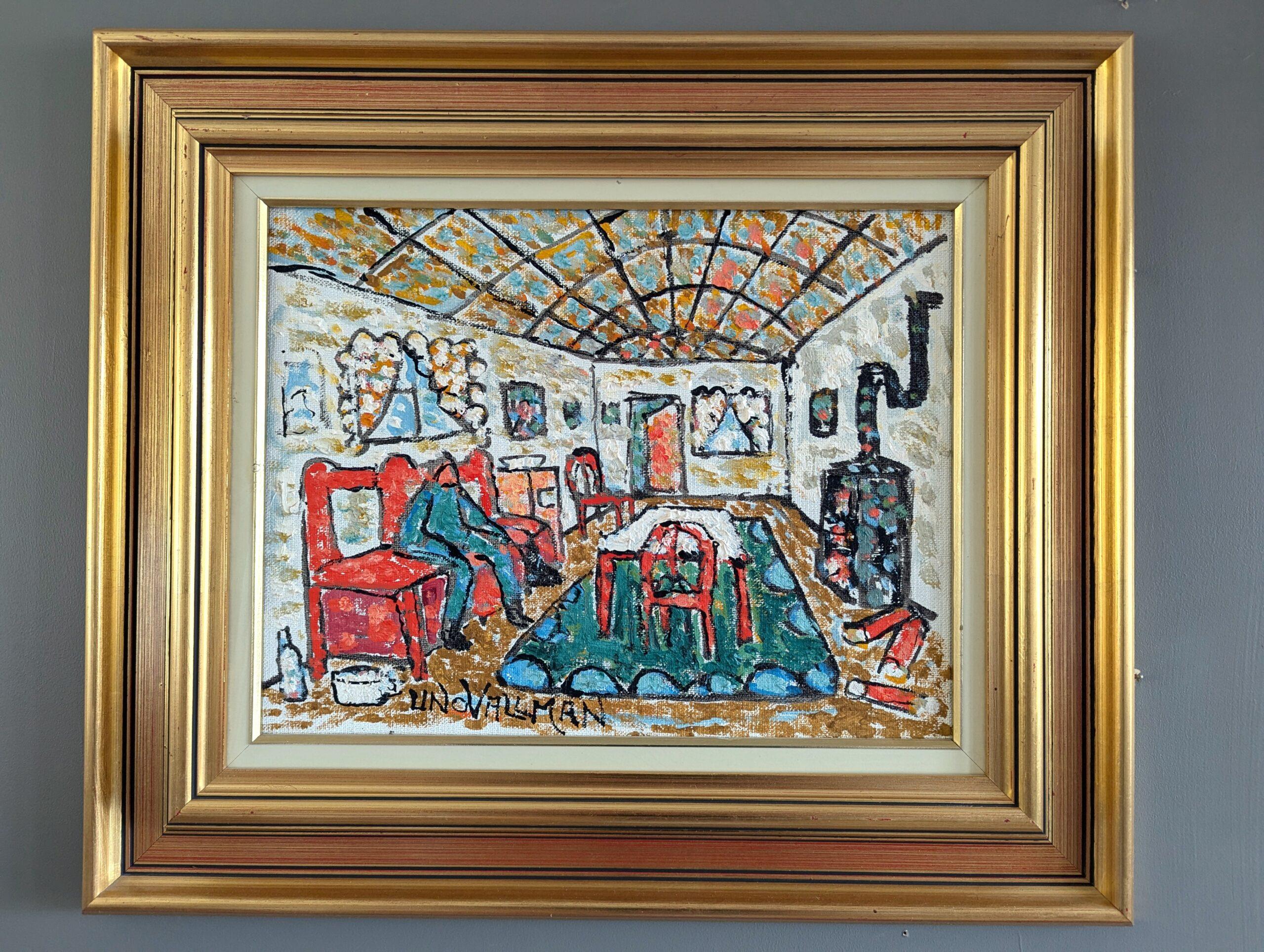 Vintage Mid-Century Modern Swedish Expressionist Oil Painting - Cosy Interior - Brown Interior Painting by Uno Vallman