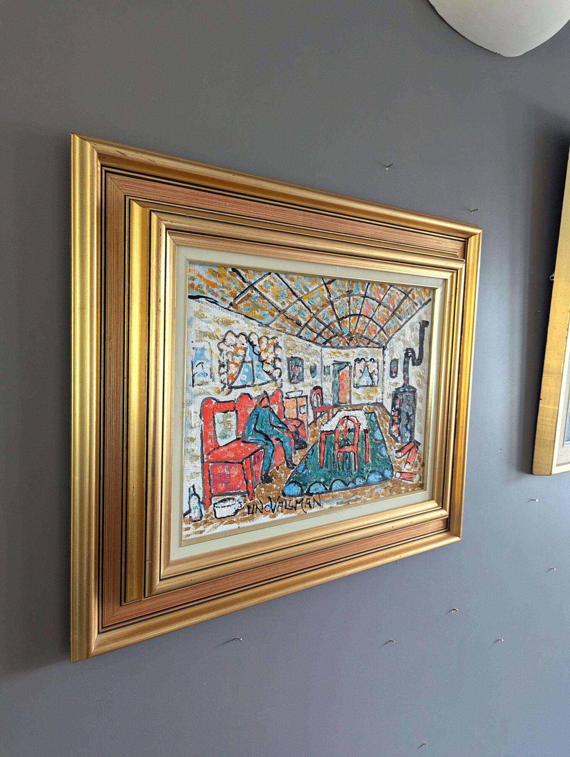 Vintage Mid-Century Modern Swedish Expressionist Oil Painting - Cosy Interior For Sale 1