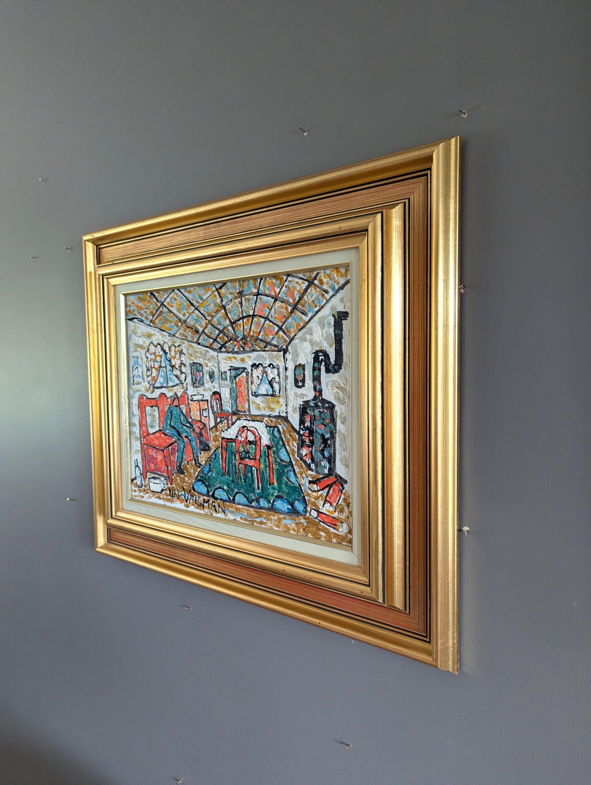 Vintage Mid-Century Modern Swedish Expressionist Oil Painting - Cosy Interior For Sale 2