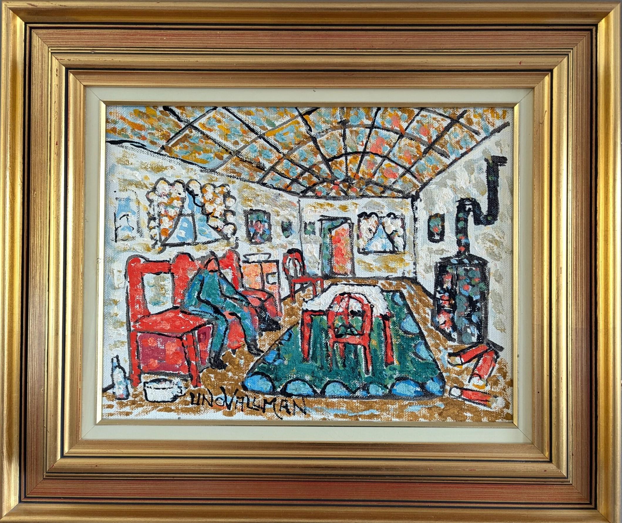 Uno Vallman Interior Painting - Vintage Mid-Century Modern Swedish Expressionist Oil Painting - Cosy Interior