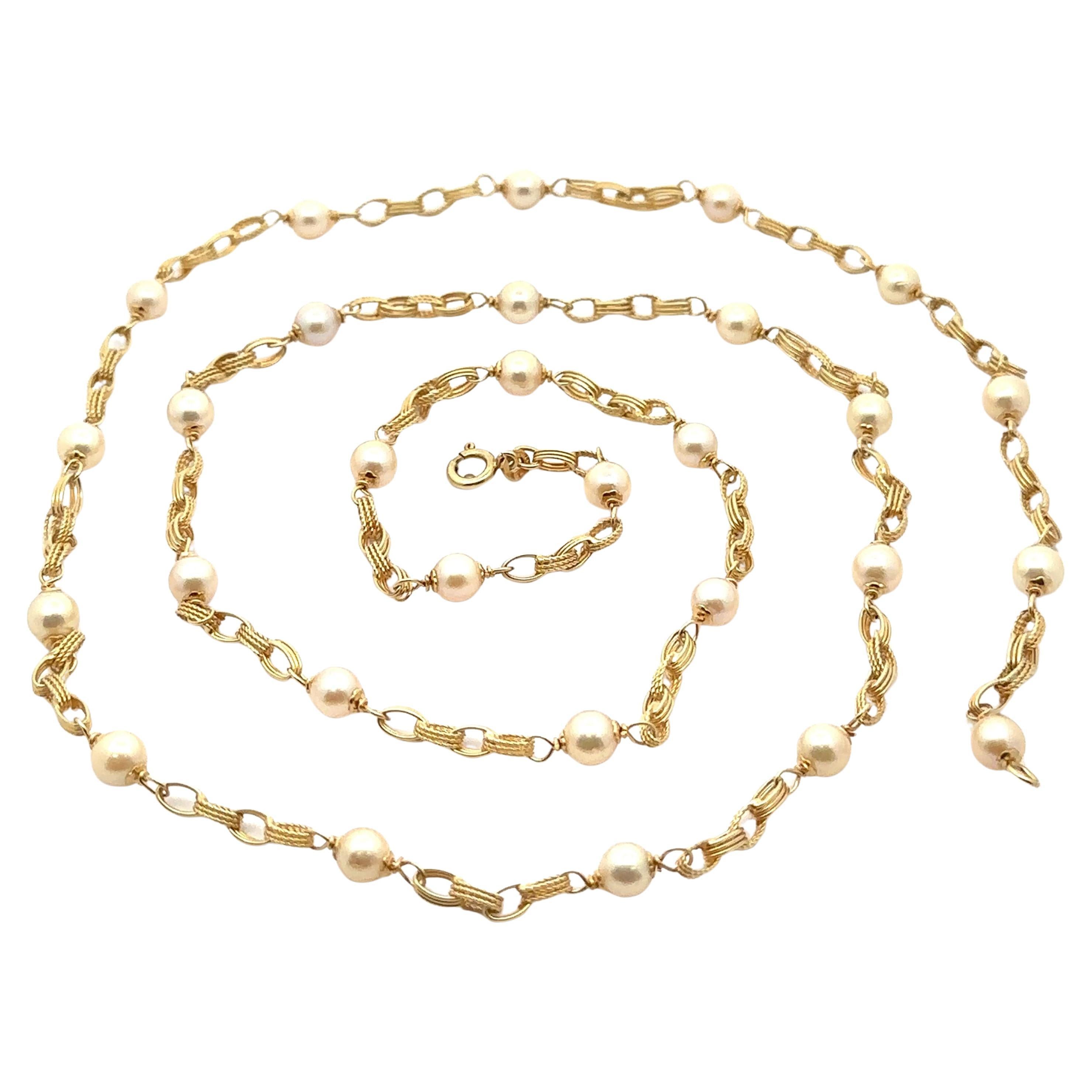 UnoAErre 14k Italian Yellow Gold Pearl Twisted Wire Link 36" Long Chain Necklace