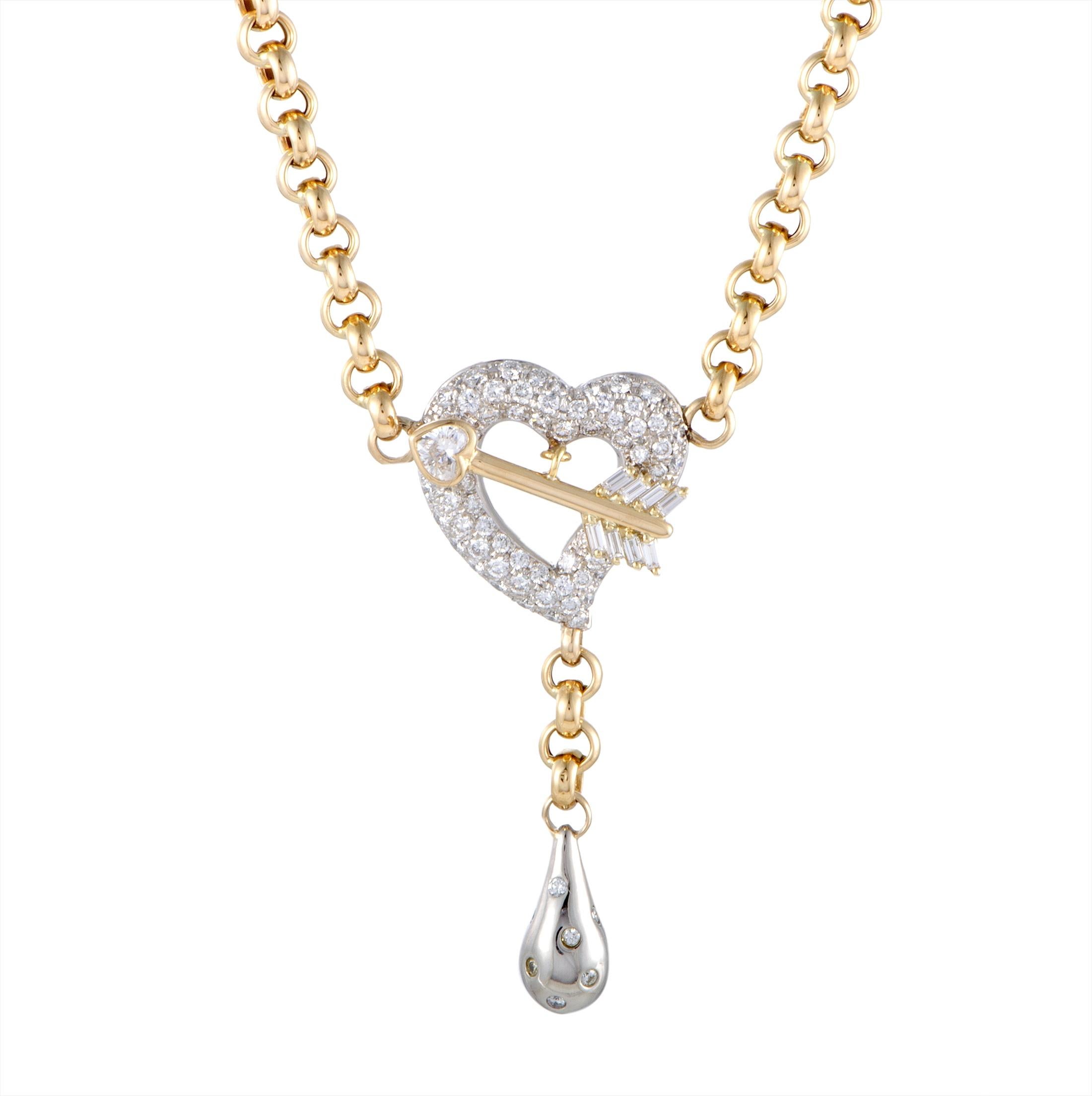 Unoaerre 18 Karat Yellow and White Gold Diamond Heart and Arrow Pendant Necklace