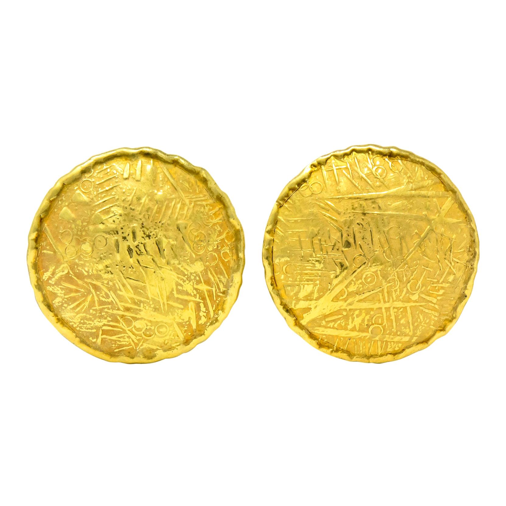 Unoaerre 18 Karat Yellow Gold Textured Disc Earrings