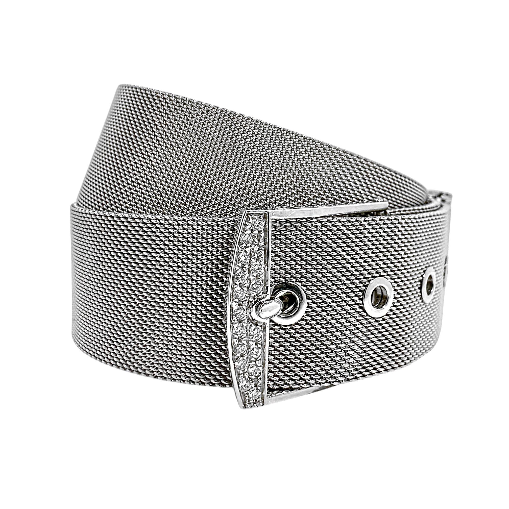 Unoaerre 18K Weißgold Mesh Double Wrap-Armband mit Diamantschnalle für Damen oder Herren im Angebot