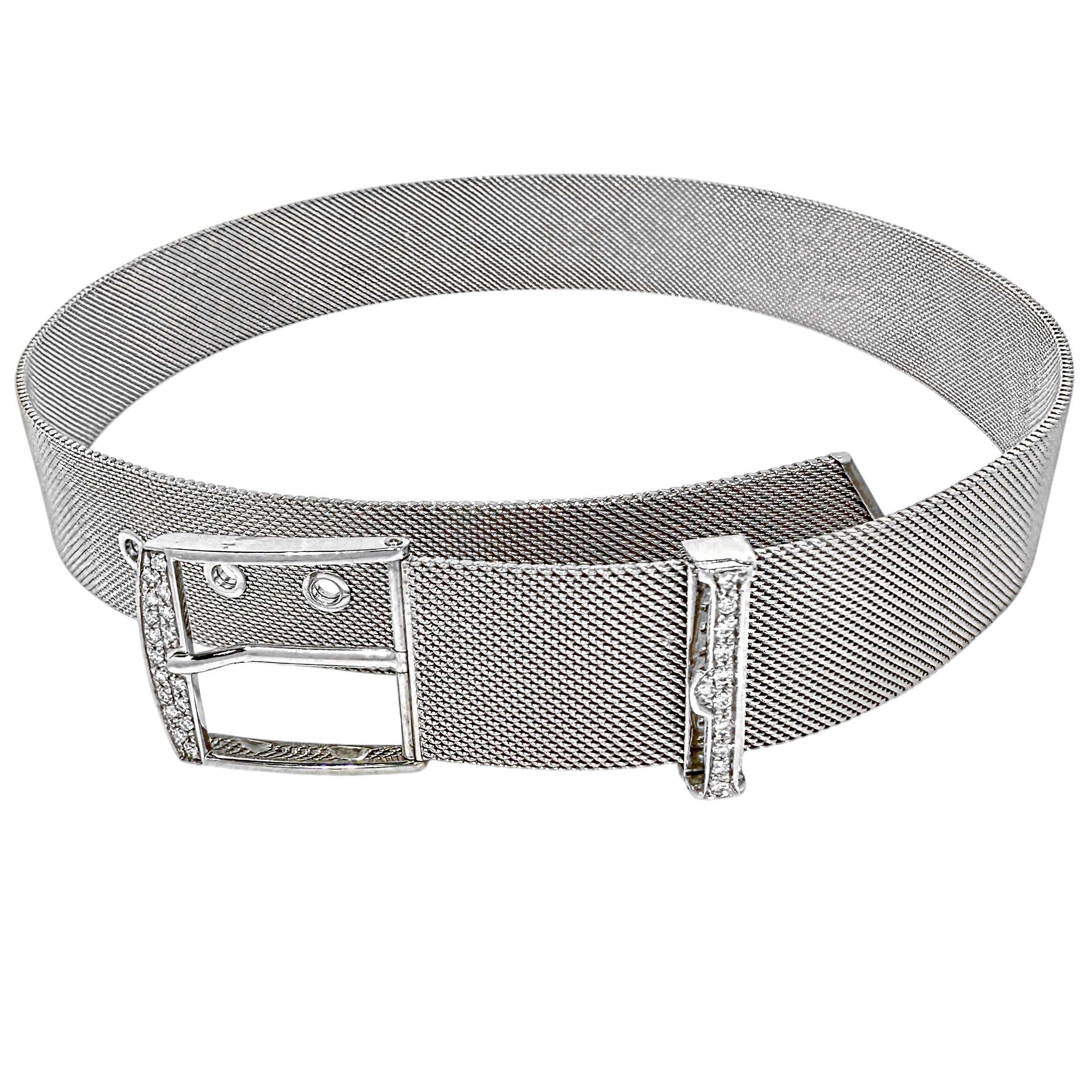 Unoaerre 18K Weißgold Mesh Double Wrap-Armband mit Diamantschnalle im Angebot 1