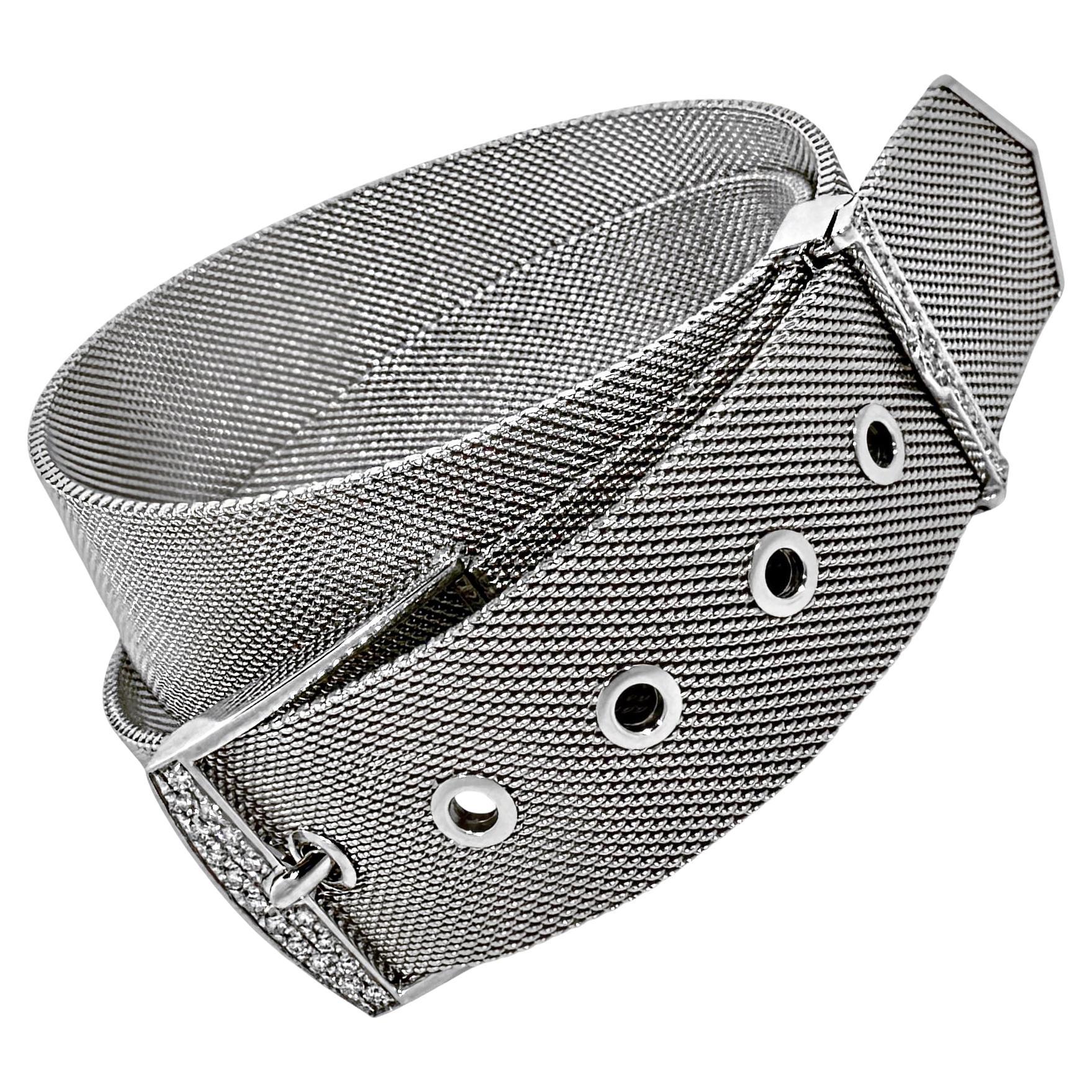 Unoaerre 18K White Gold Mesh Double Wrap Bracelet with Diamond Buckle
