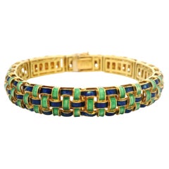 Unoaerre 18k Yellow Gold Blue & Green Enamel Work Basket Weave Design Bracelet