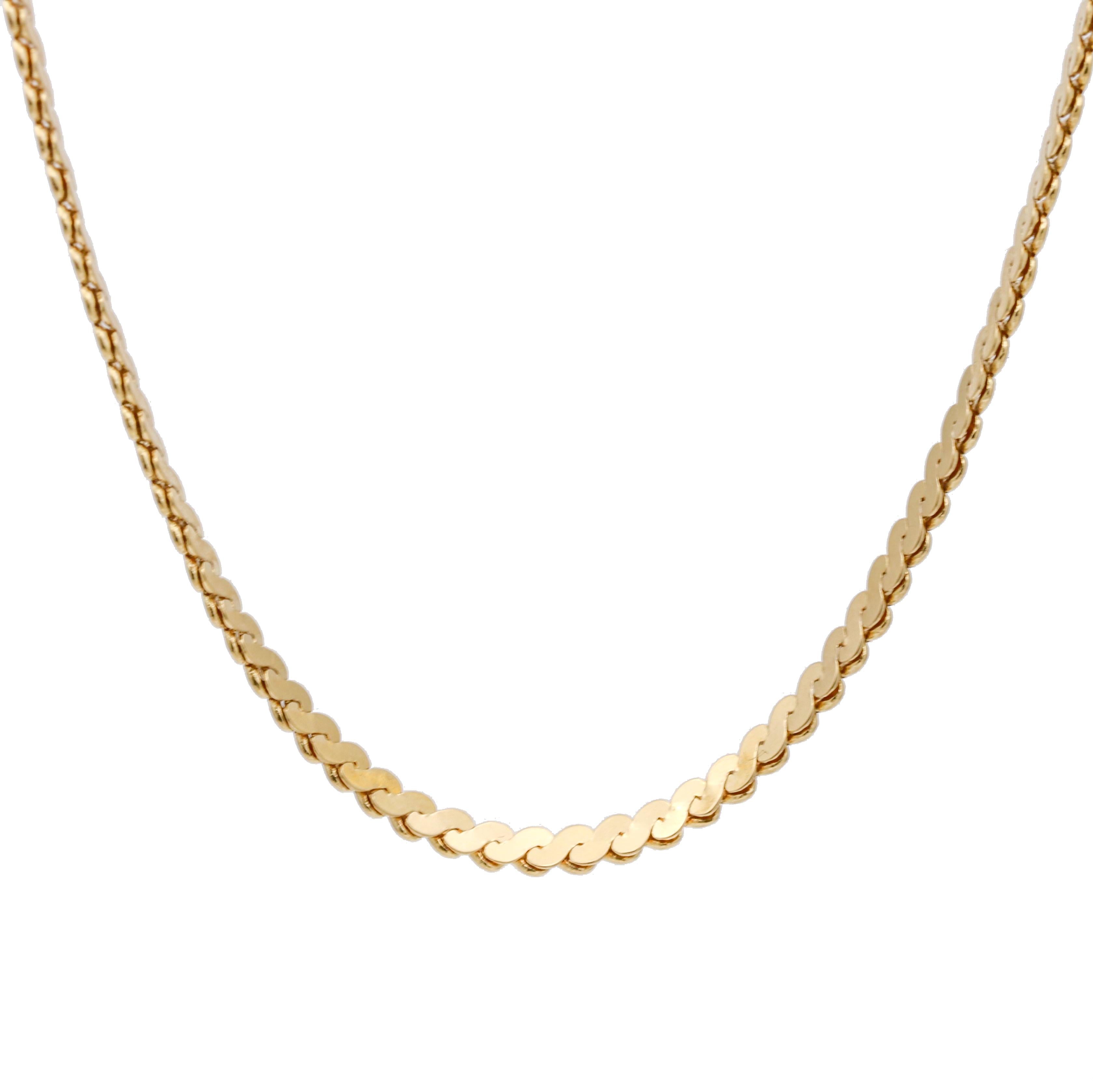 This necklace is made of 18K yellow gold and features a classic serpent link chain design. The chain is 2.5mm wide and weighs 11.80 grams, making it a substantial piece that is not too heavy or too delicate. The necklace is unisex in style and can