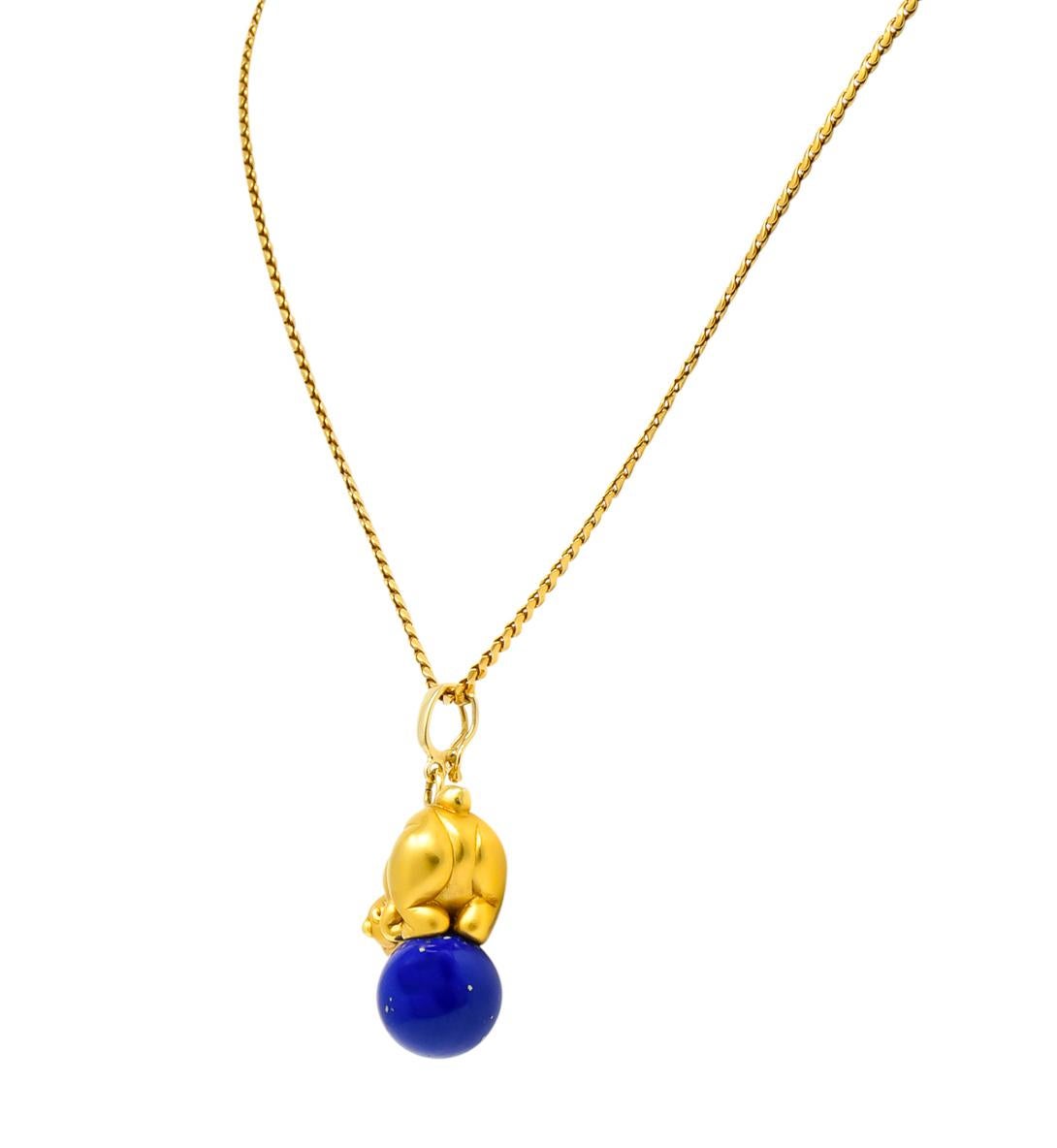 Round Cut UnoAErre Contemporary Lapis Lazuli 18 Karat Gold Teddy Bear Pendant Necklace