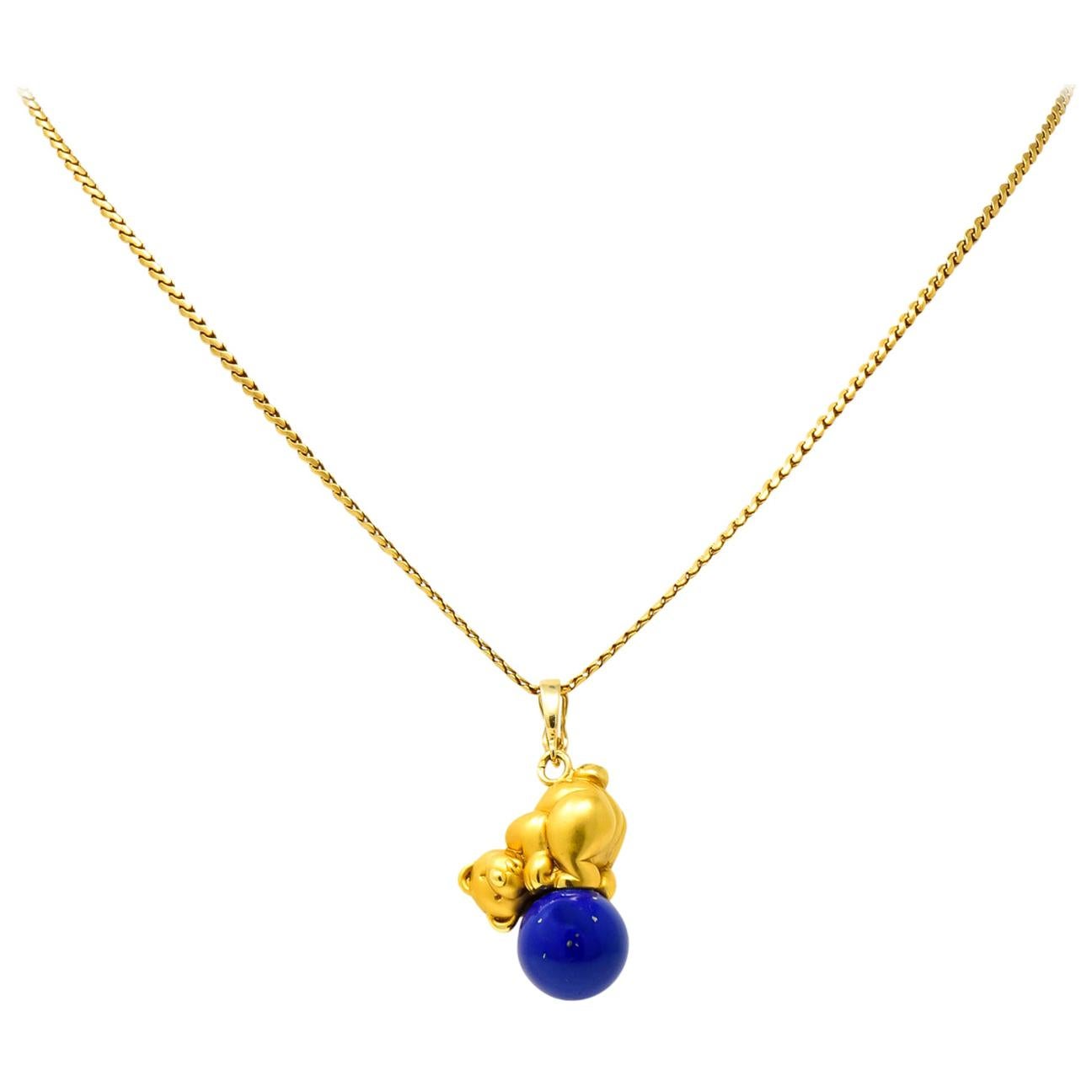 UnoAErre Contemporary Lapis Lazuli 18 Karat Gold Teddy Bear Pendant Necklace