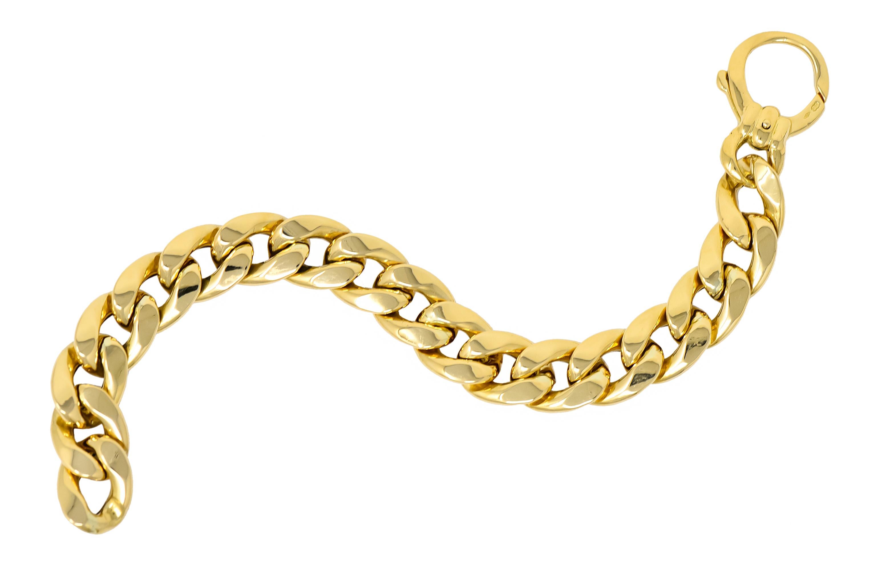 Link style bracelet designed as hollow curbed polished gold links

With large stylized lobster clasp

Fully signed Uno A Erre with Italian assay marks for Arezzo Italy

Stamped 750 for 18 karat gold

Length: 7 3/4 inches

Width: 3/4 (widest)
