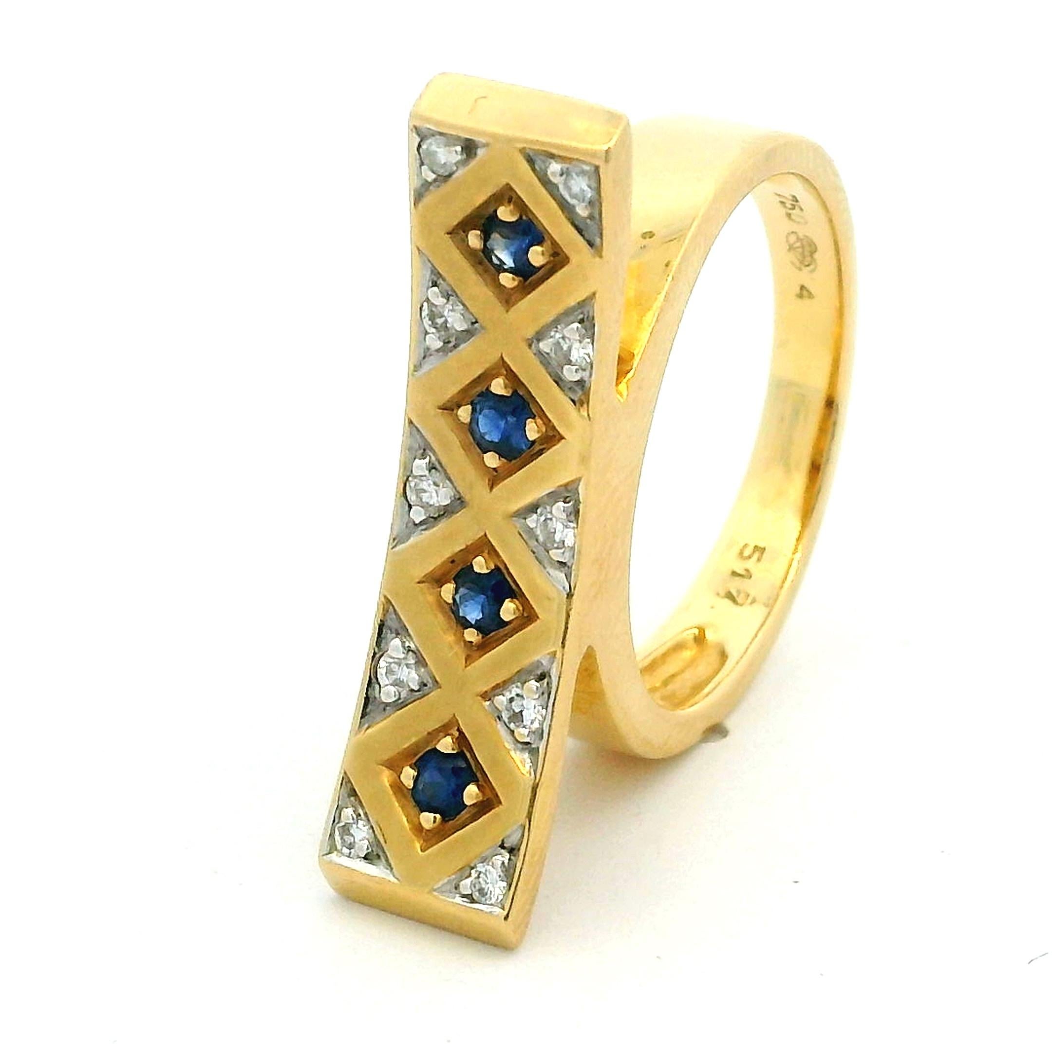 Anello modernista in oro 18 carati con zaffiro e diamante, UnoAErre, anni '80 in vendita 4