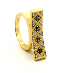 UnoAErre Italian 18K Gold Modernist Sapphire & Diamond Bar Ring, 1980s