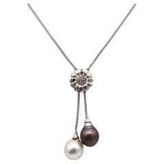 UNOAERRE Lariat Necklace In 14Kt Gold Diamonds Black & White South Sea Pearls