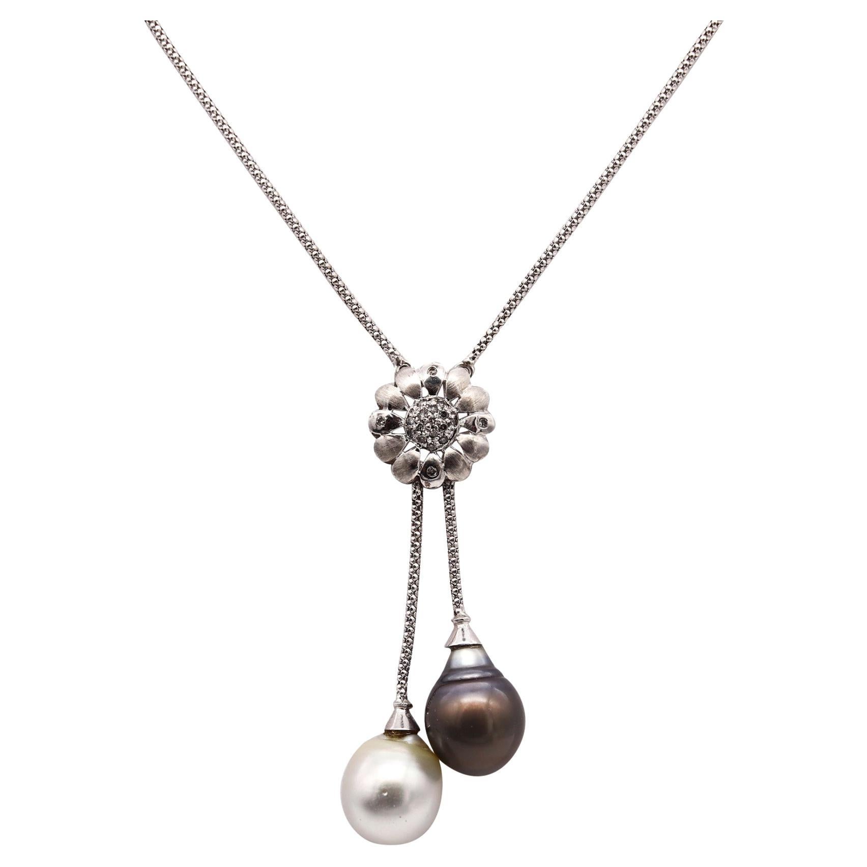 UnoAerre Lariat Necklace In 18Kt Gold With Diamonds Black White South Sea Pearls