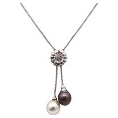 Vintage UnoAerre Lariat Necklace In 18Kt Gold With Diamonds Black White South Sea Pearls
