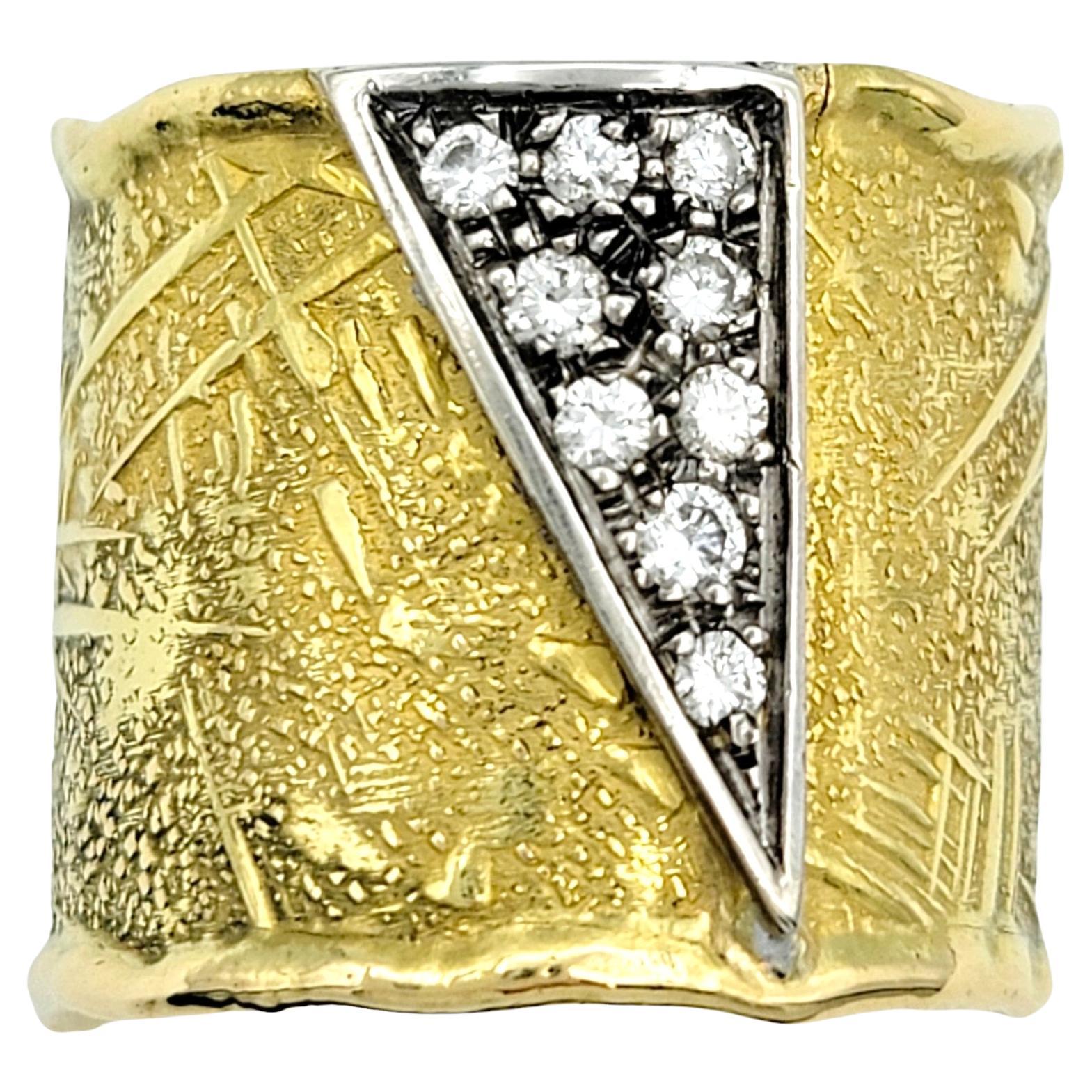 UnoAErre Textured 18 Karat Yellow Gold Wide Cuff Style Band Ring with Diamonds 