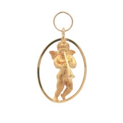 UnoAErre Vintage 18k Yellow Gold Cherub Angel In Open Oval Halo Charm Pendant