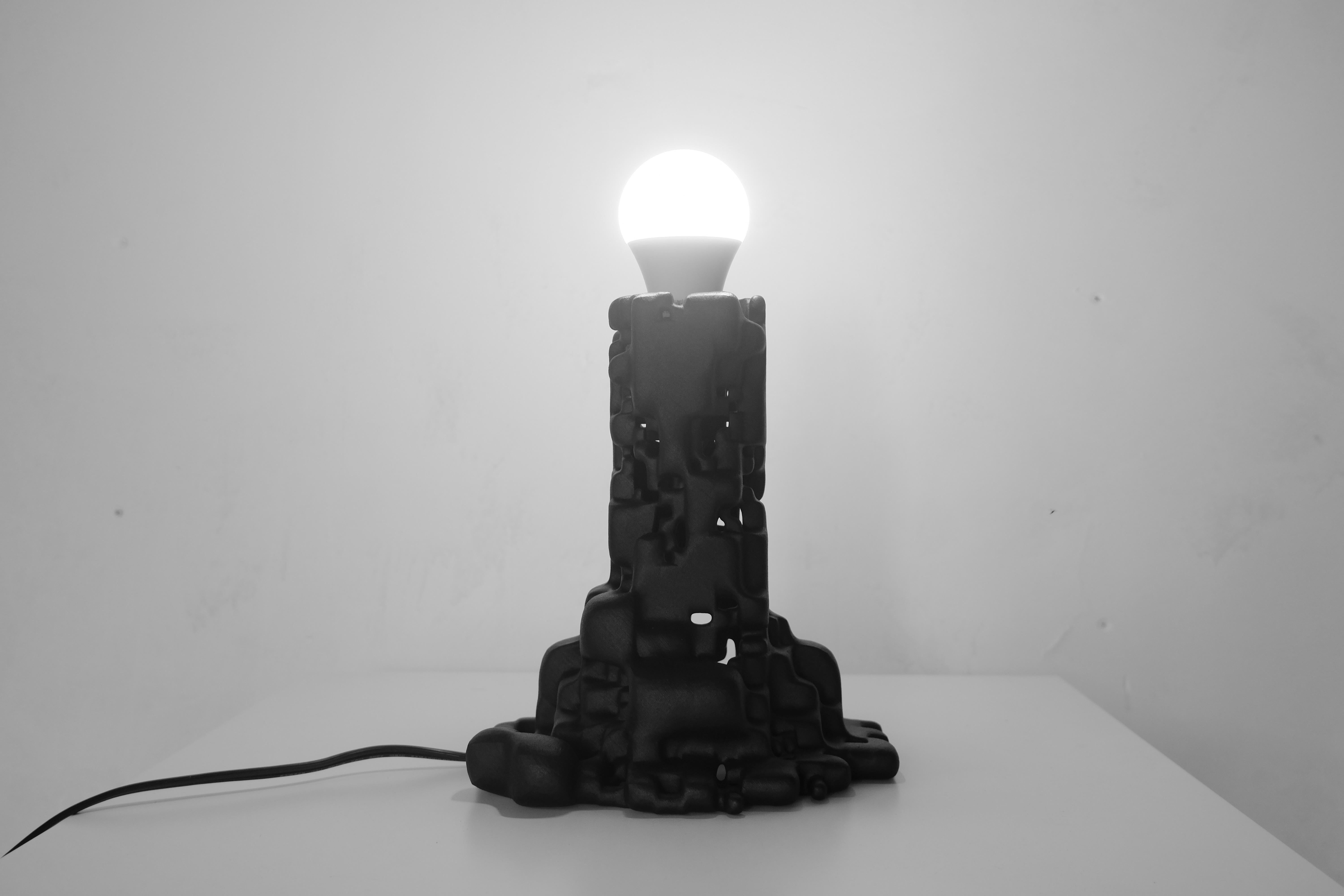 This table lamp was first created digitally with generative algorithms and photogrammetry and then fabricated with recycled Nylon powder and SLS, or selective laser sintering. The smoothing and finishing process was done by Polyshot Surfacing, which