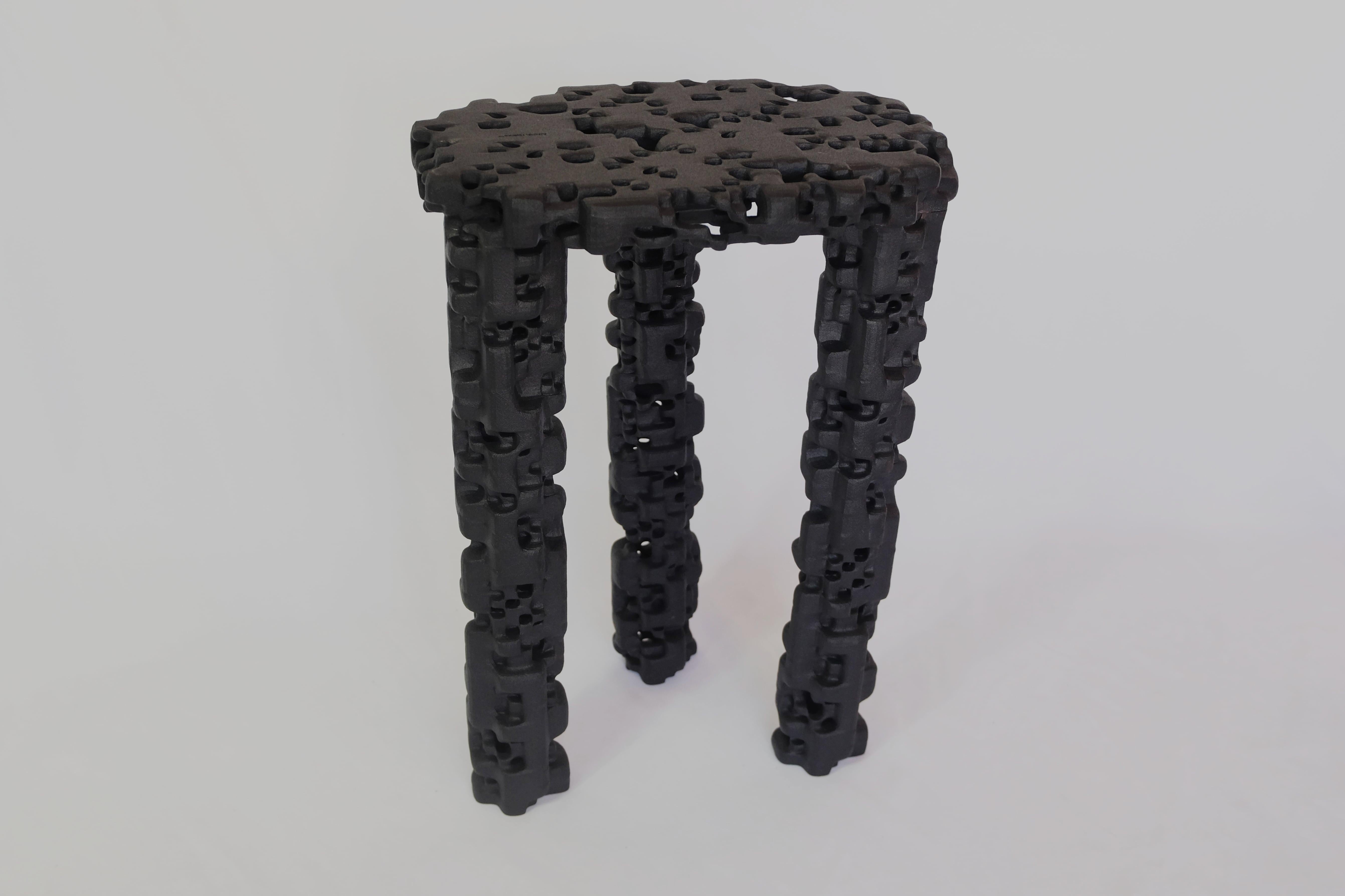 This side table was first created digitally with generative algorithms and photogrammetry and then fabricated with recycled Nylon PA 12 powder and SLS, or selective laser sintering. The smoothing and finishing process was done by Polyshot Surfacing,