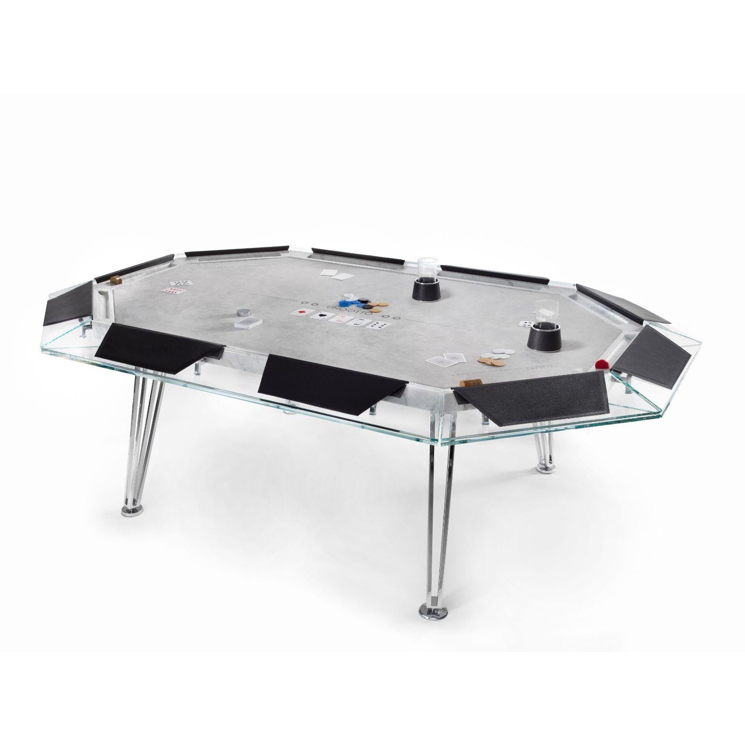 Unootto white marble 10 players poker table by Impatia
Dimensions: D 234 x W 156 x H 76 cm
Weight: 205 kg
Material: low-iron glass frame, chrome finished metal legs and components, marble top structure.
Also available: 8 payers version and