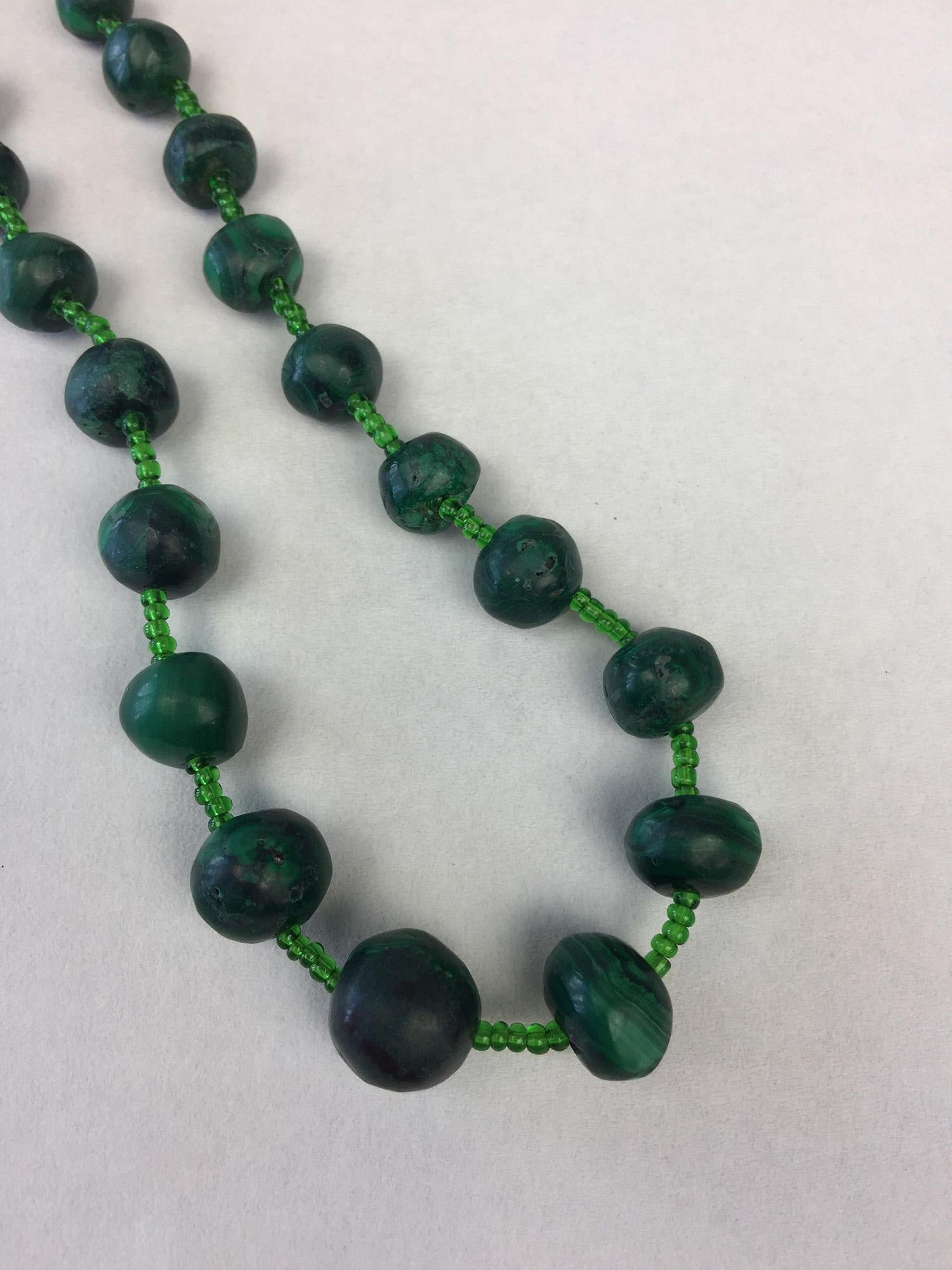 Art Deco Unpolished Malachite and Glass Necklace For Sale