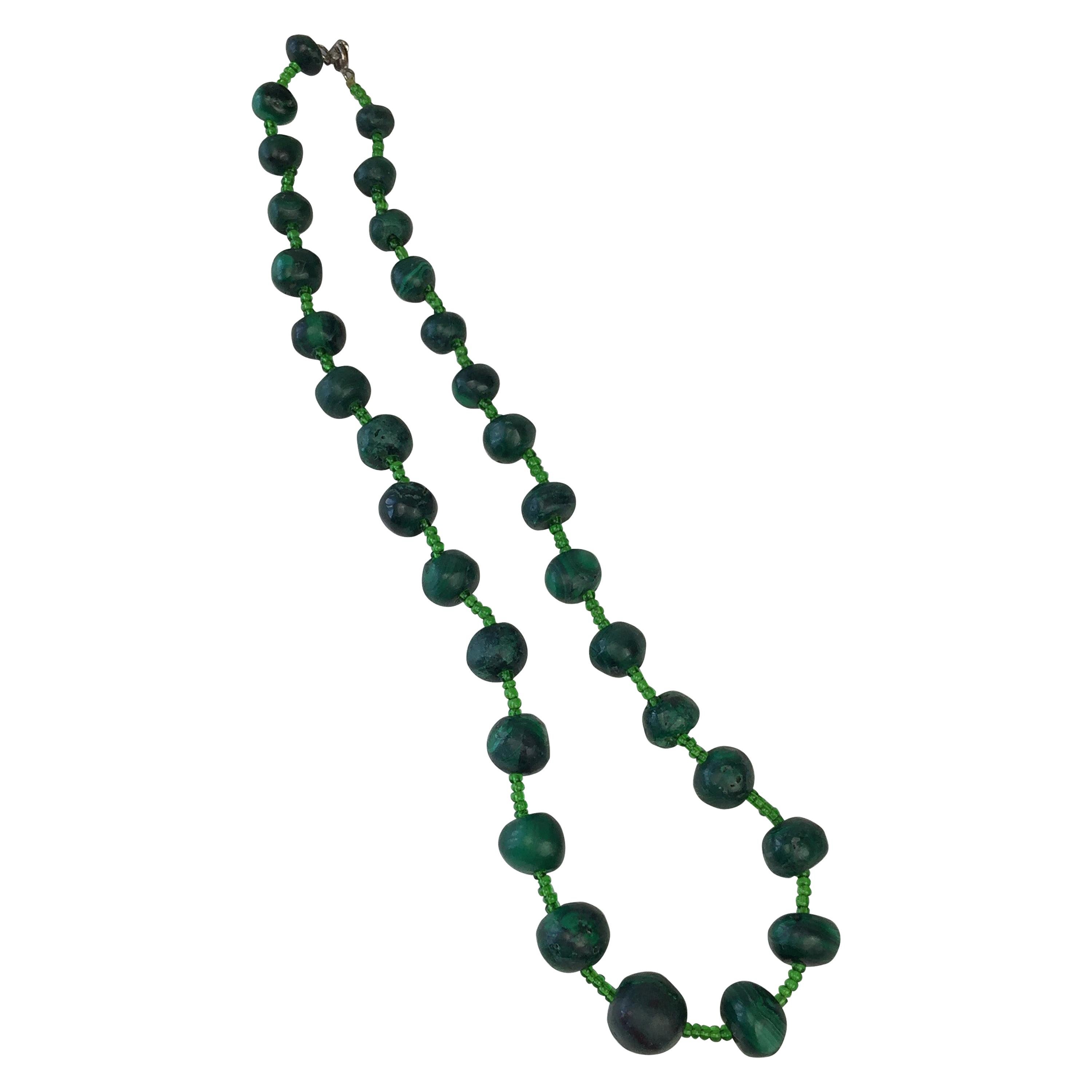 Unpolished Malachite and Glass Necklace For Sale
