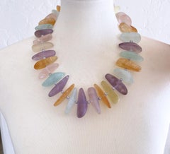 Unpolished Multi Gemstone Statement Necklace with Sterling Silver Toggle Clasp