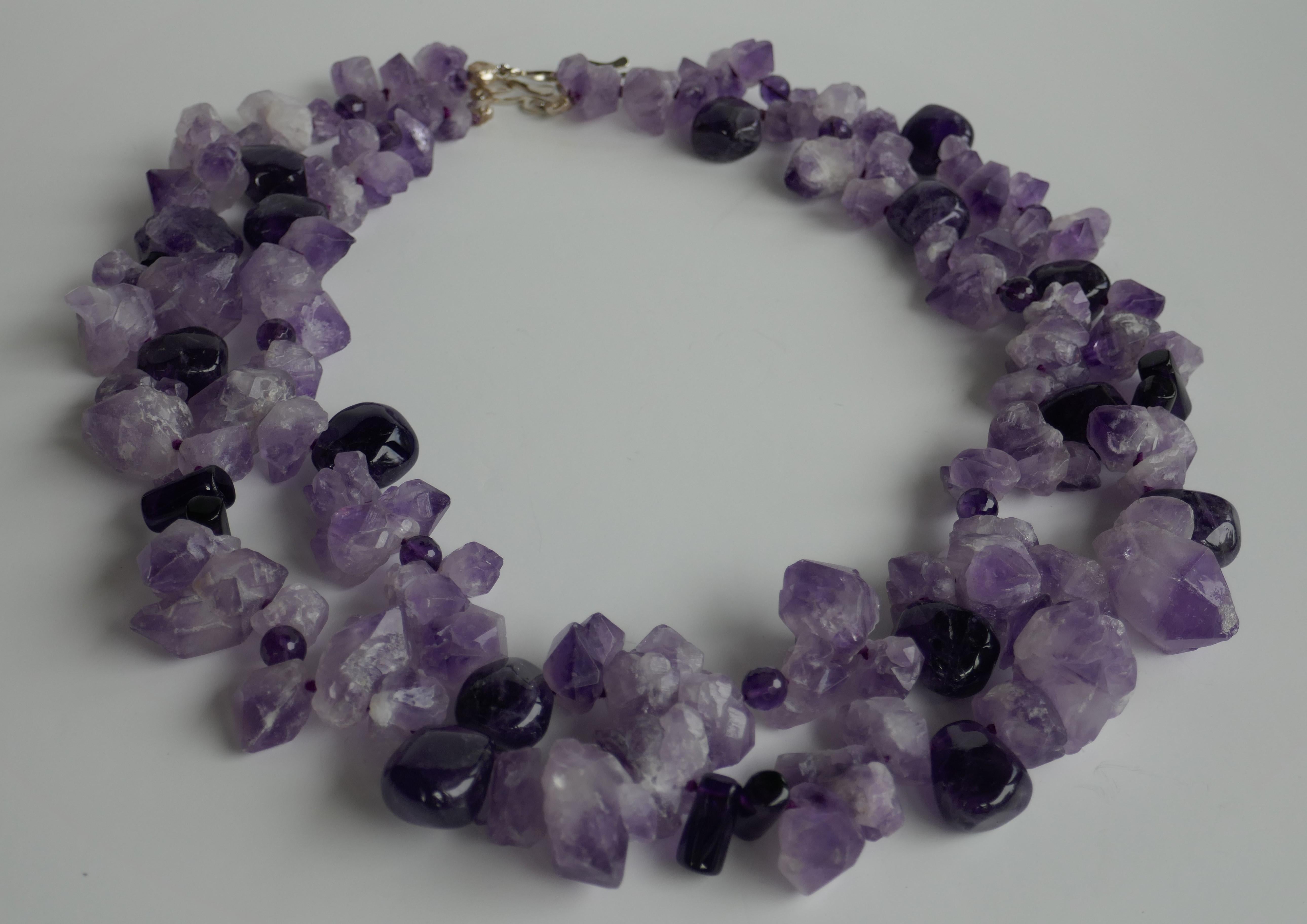 Unpolished Nuggets & Polished Amethyst 925 Sterling Silver Gemstone Necklace In New Condition For Sale In Coral Gables, FL