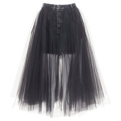 UNRAVEL PROJECT Ben Taverniti black denim tulle layered midi tutu skirt 25"