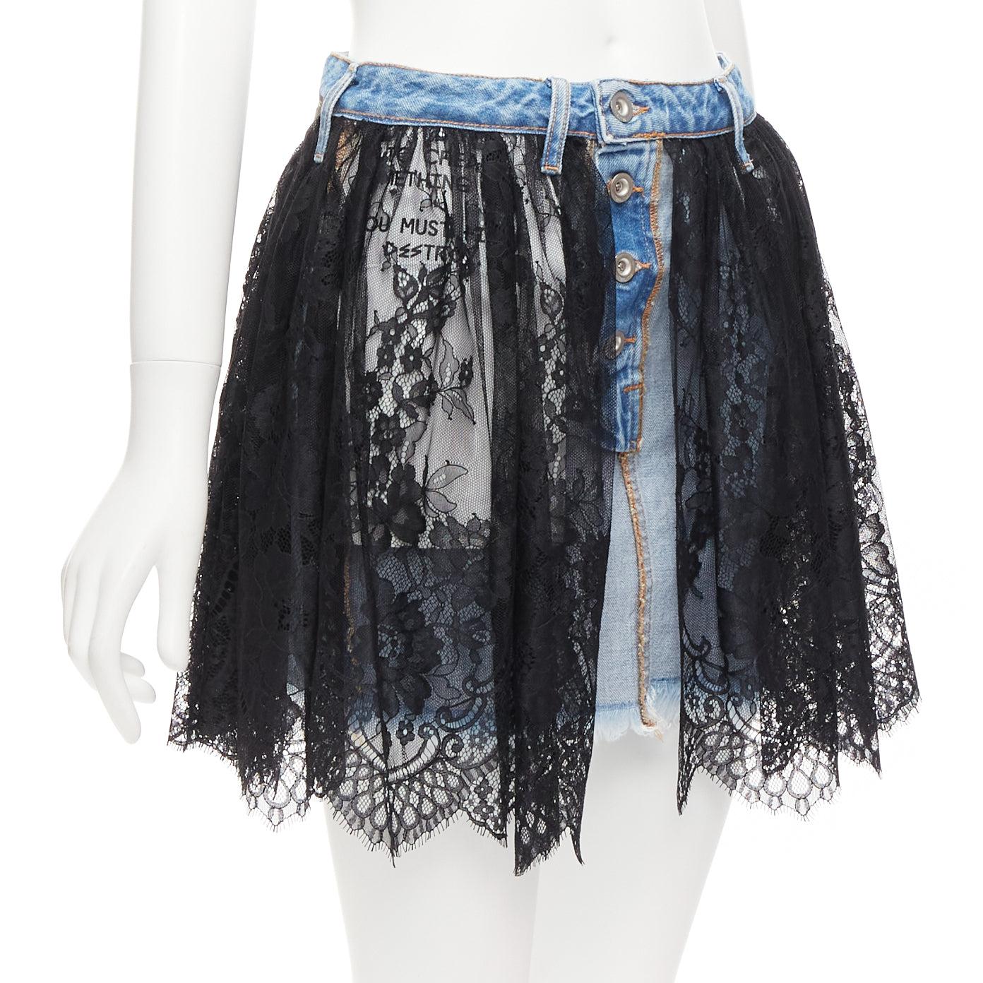 Black UNRAVEL PROJECT black floral lace ruffle blue denim inside out skirt 25
