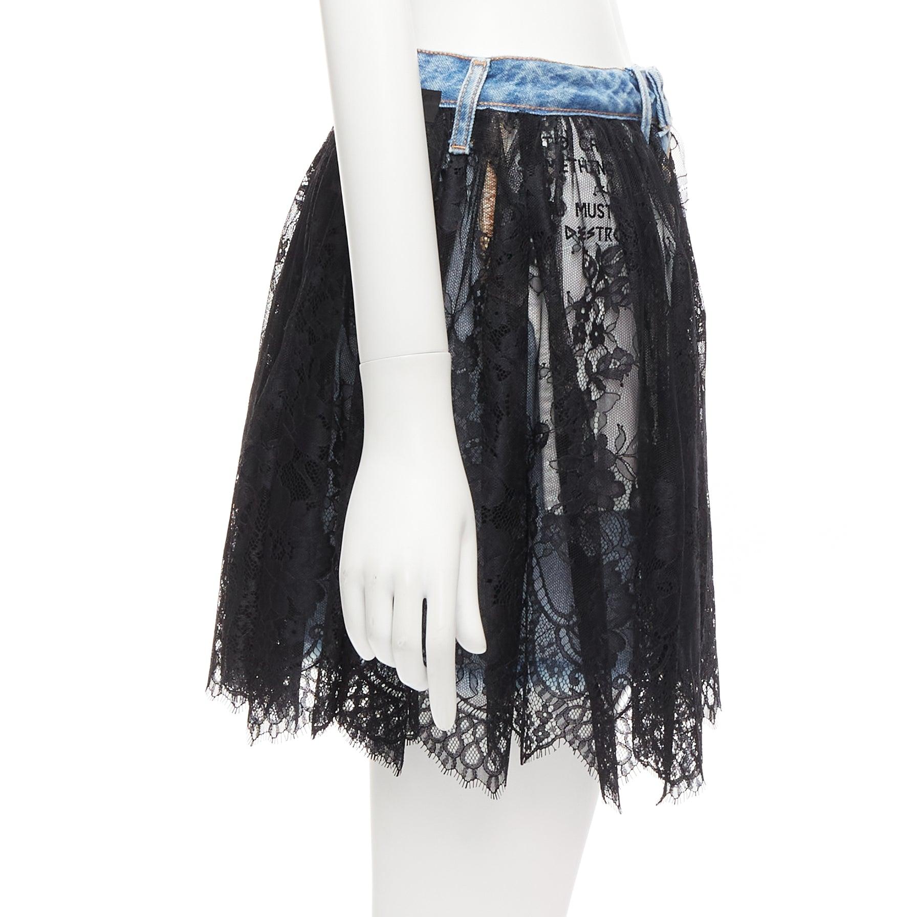 UNRAVEL PROJECT black floral lace ruffle blue denim inside out skirt 25
