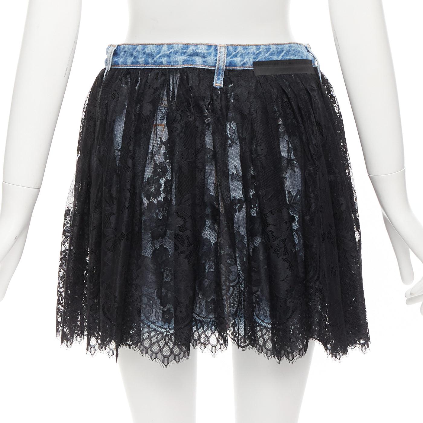Women's UNRAVEL PROJECT black floral lace ruffle blue denim inside out skirt 25