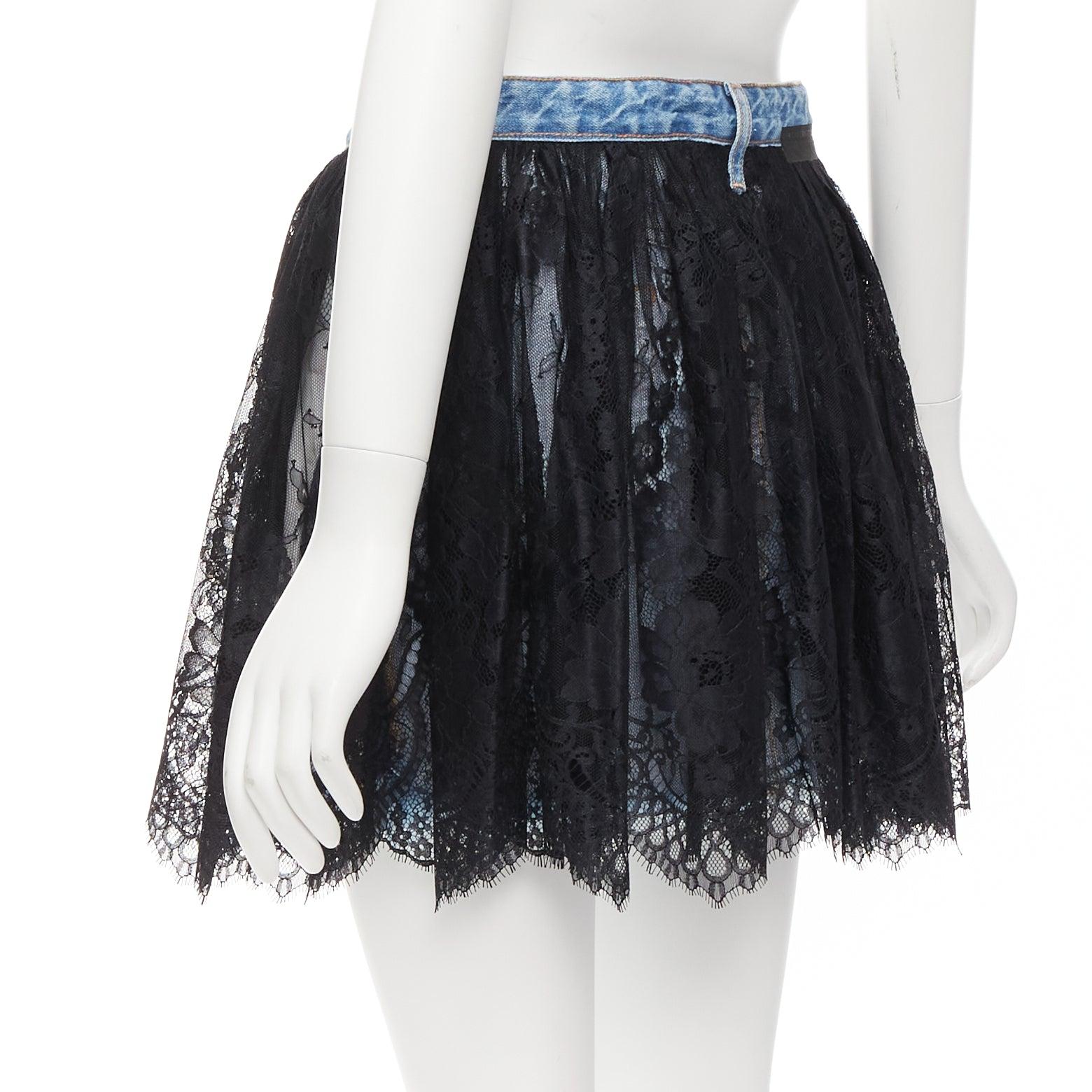 UNRAVEL PROJECT black floral lace ruffle blue denim inside out skirt 25