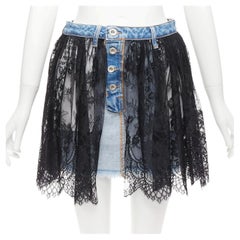 UNRAVEL PROJECT black floral lace ruffle blue denim inside out skirt 25"