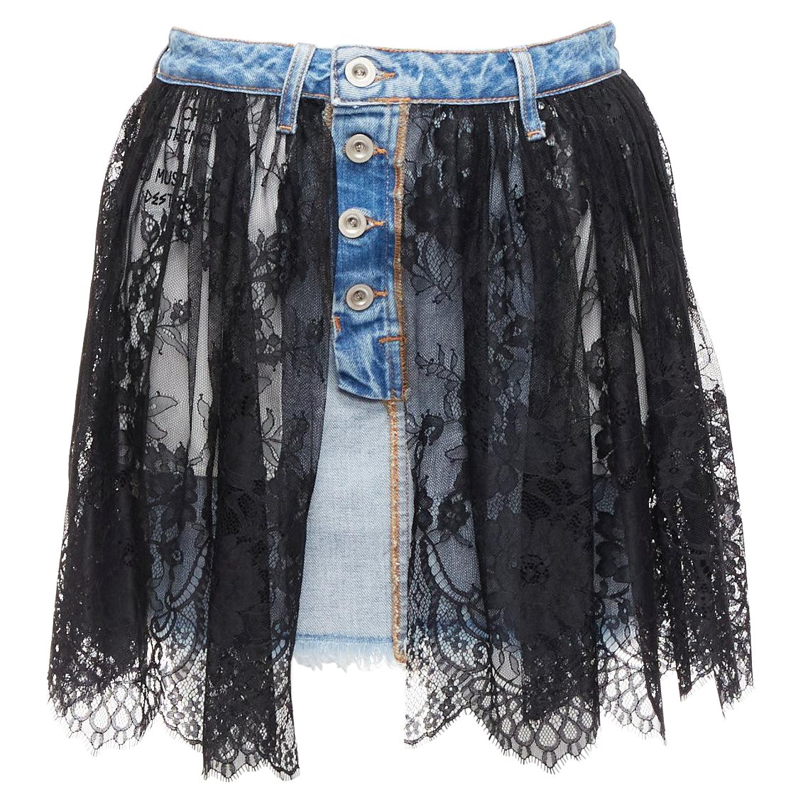 PROYECTO UNRAVEL falda de encaje floral negro con volantes de tela vaquera azul del revés 25 en venta