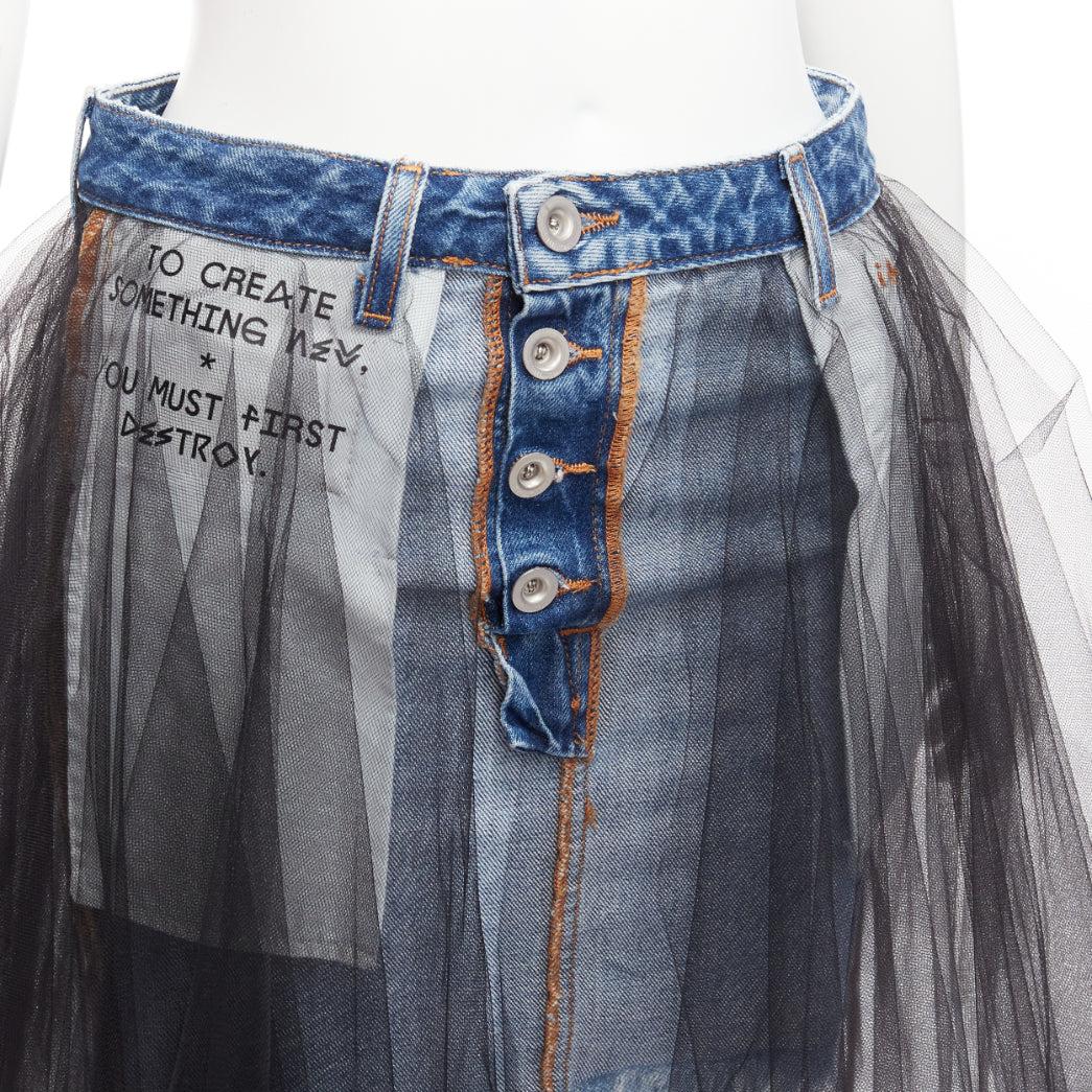 UNRAVEL PROJECT black ruffle tulle overlay blue inside out denim skirt 25