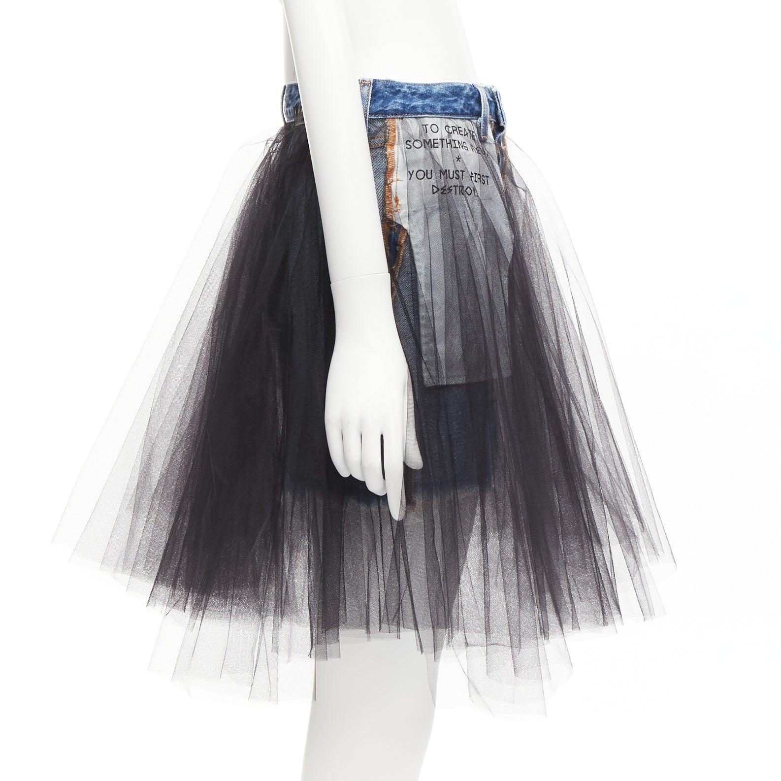 Women's UNRAVEL PROJECT black ruffle tulle overlay blue inside out denim skirt 25