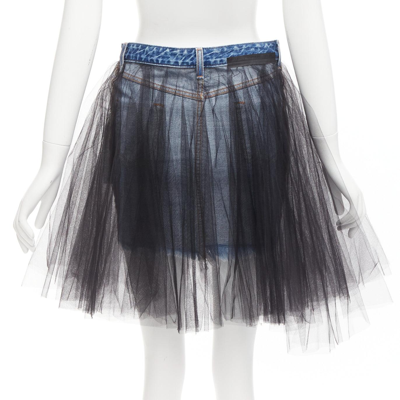 UNRAVEL PROJECT black ruffle tulle overlay blue inside out denim skirt 25