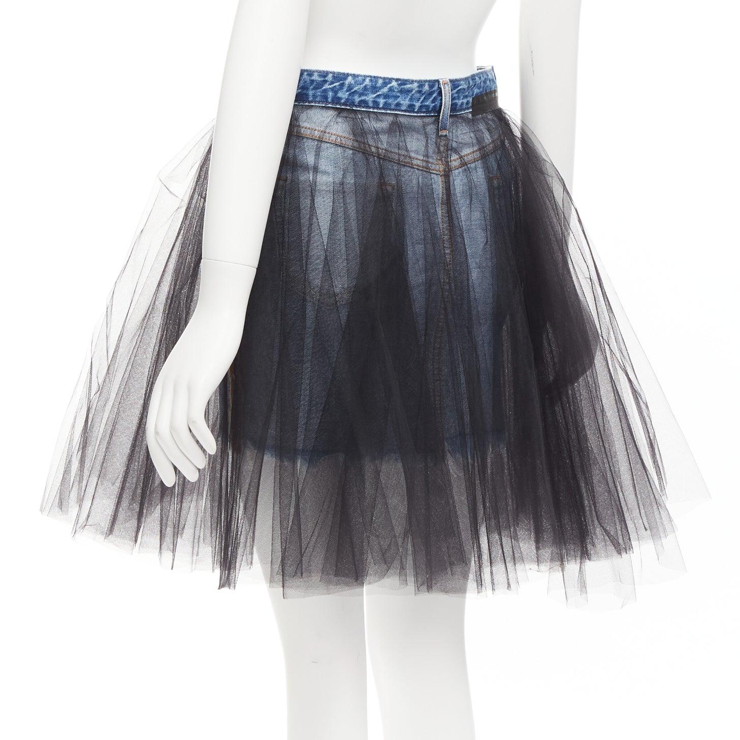 UNRAVEL PROJECT black ruffle tulle overlay blue inside out denim skirt 25