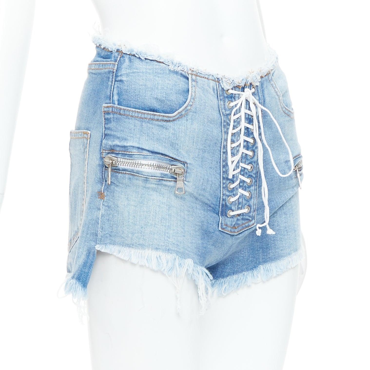 Blu UNRAVEL PROJECT - Pantaloncini corti in denim blu lavato e bianco con lacci 25