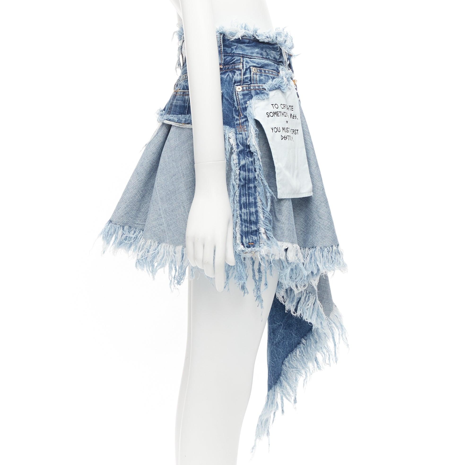 Gray UNRAVEL PROJECT Chaos blue inside out distressed printed denim skirt 24