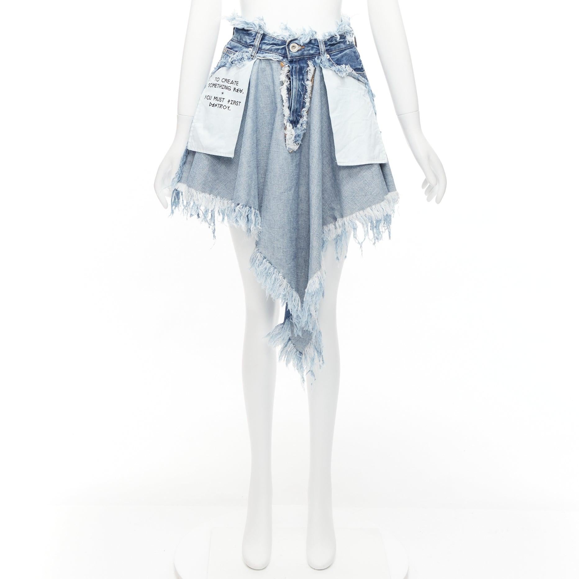 UNRAVEL PROJECT Chaos blue inside out distressed printed denim skirt 24