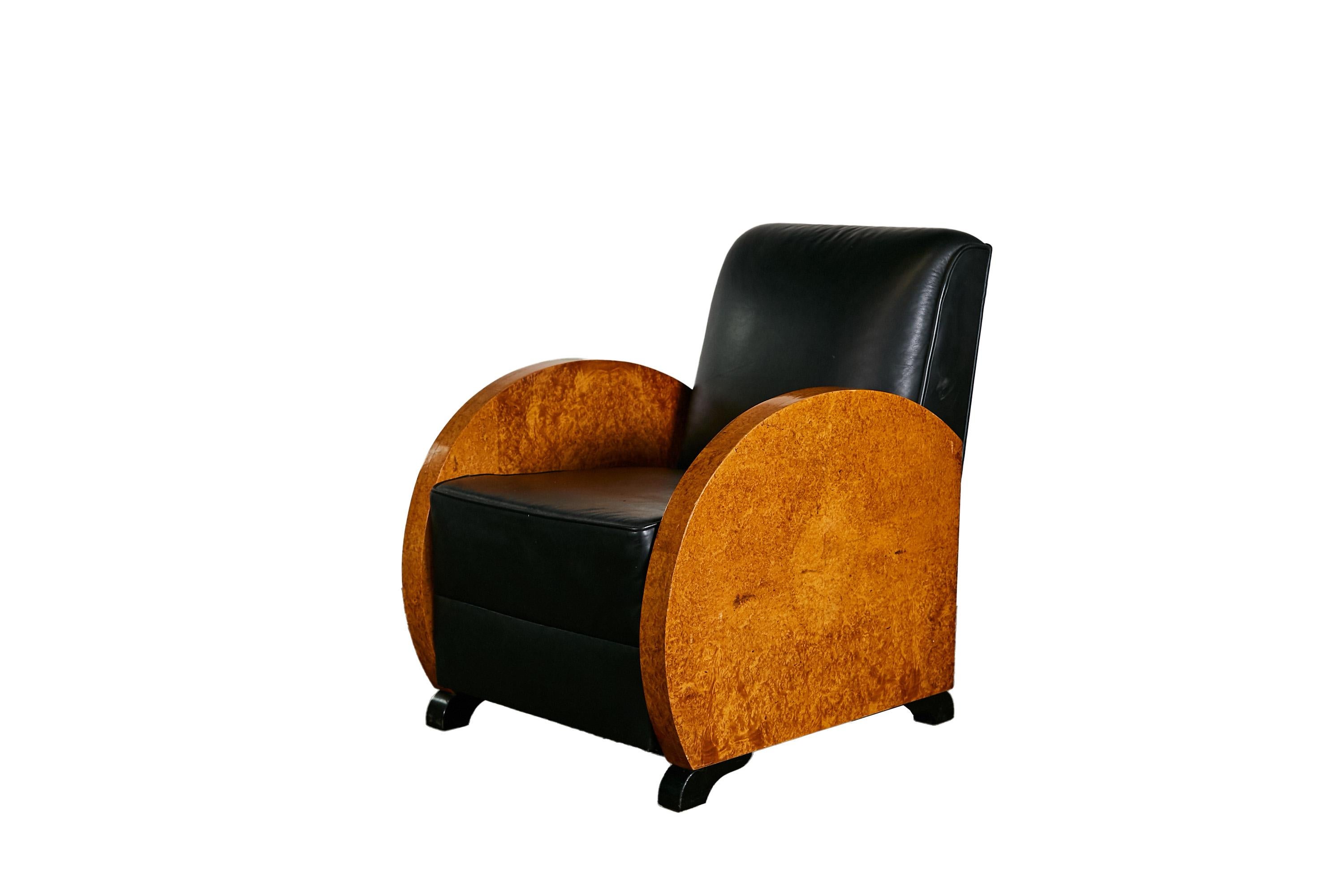 German Unrestored Amboina armchair duo with black leather seats For Sale